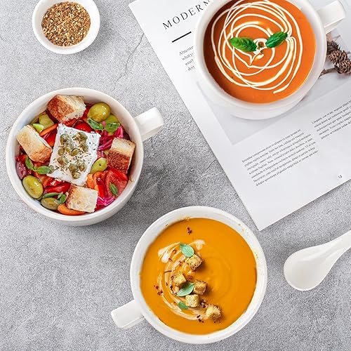 Miniatura 4 de DELLING Paquete de 6 tazas de sopa con asa, tazas de sopa grandes de cerámica de 28 onzas, cuencos de sopa blancos para ensalada, ramen, cereales,