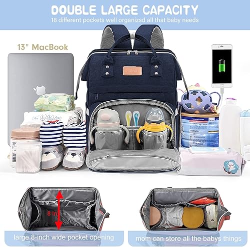 Miniatura 2 de Mochila para pañales de gran capacidad con cambiador impermeable para registro de viajes, búsqueda de regalos de ducha, Azul marino, Mochilas de