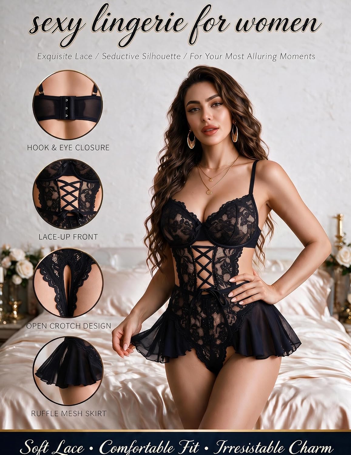 Avidlove Sexy Lingerie for Women Lace Teddy Bodysuit Ruffle Hem Sleepwear