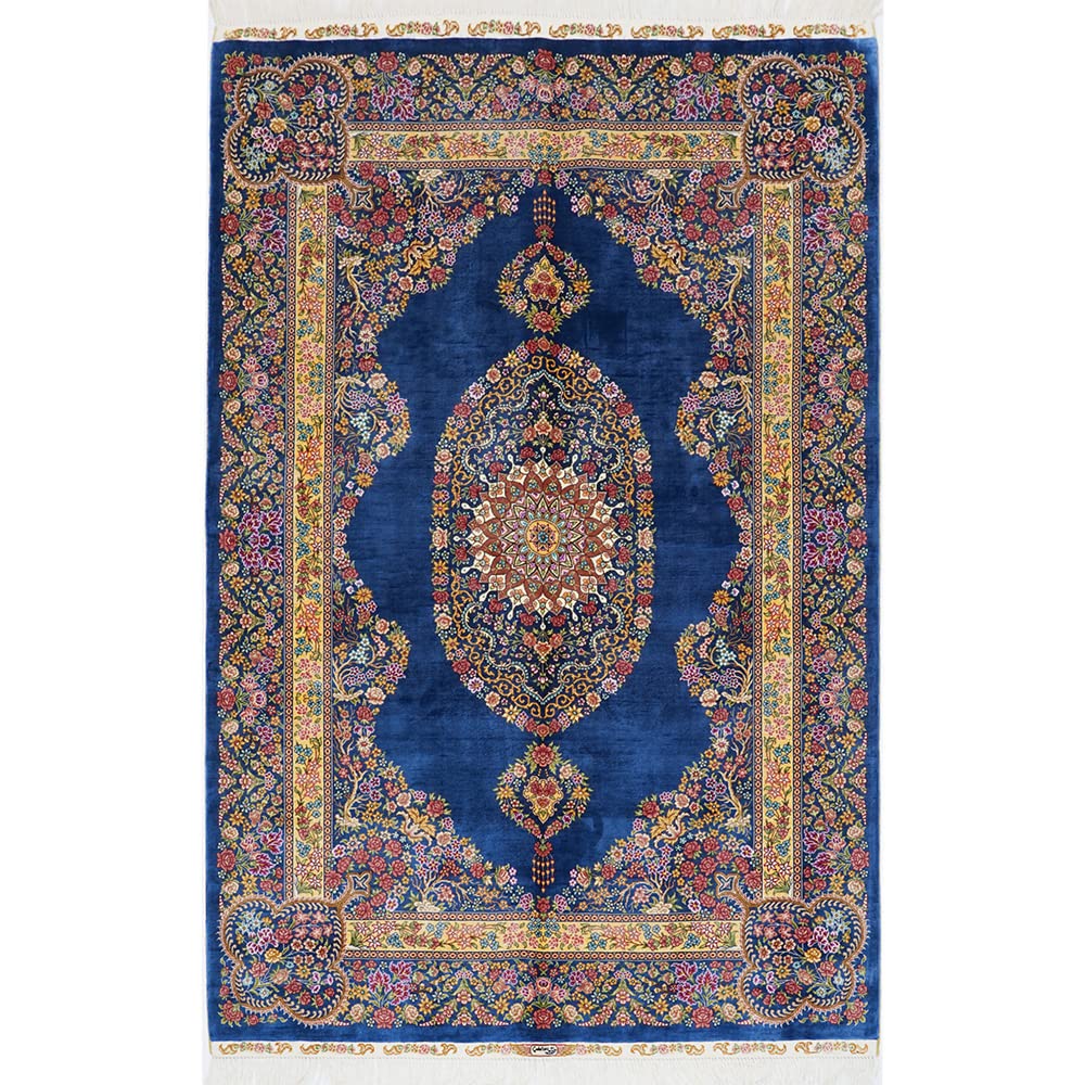 Yuchen Carpet Oriental Silk Rug 4x6 Blue Handwoven Traditional Medallion Vintage Luxury Silk Area Rug for Living Room