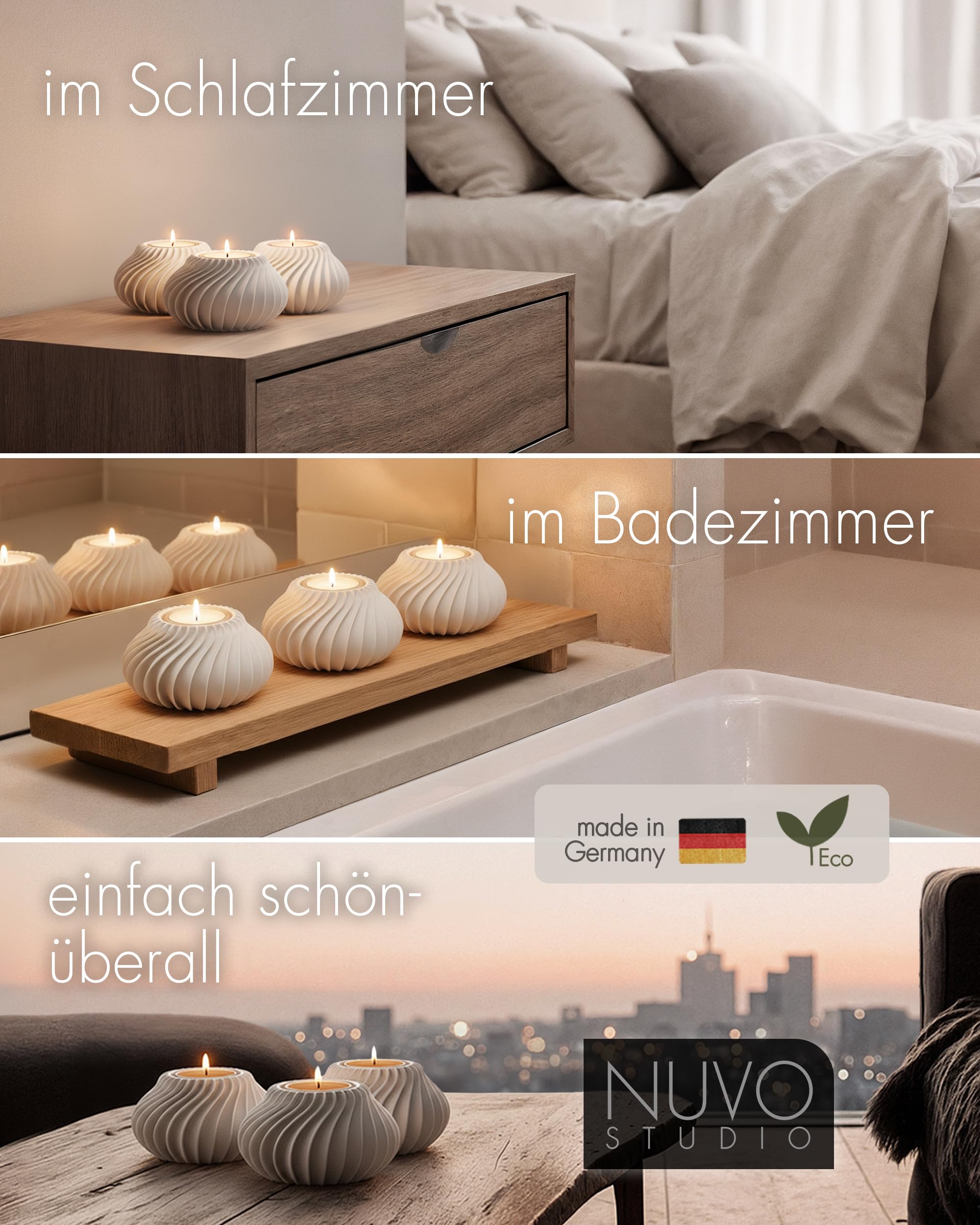 Teelichthalter 3er-Set „Ventura“ – Modern skandinavisches Design für Teelichter & Deko – Nachhaltig & 3D-gedruckt in Deutschland – Perfekte Geschenkidee (Soft White S+M+L)