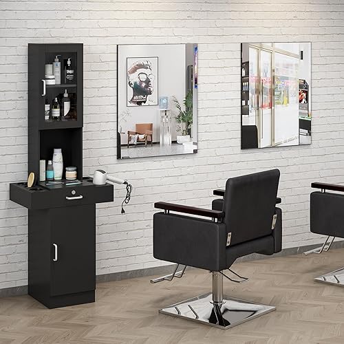 Miniatura 2 de RESHABLE Estación de salón con espejo, gabinetes de salón y almacenamiento para estilista, estación de peinado con puerta de vidrio, soportes para