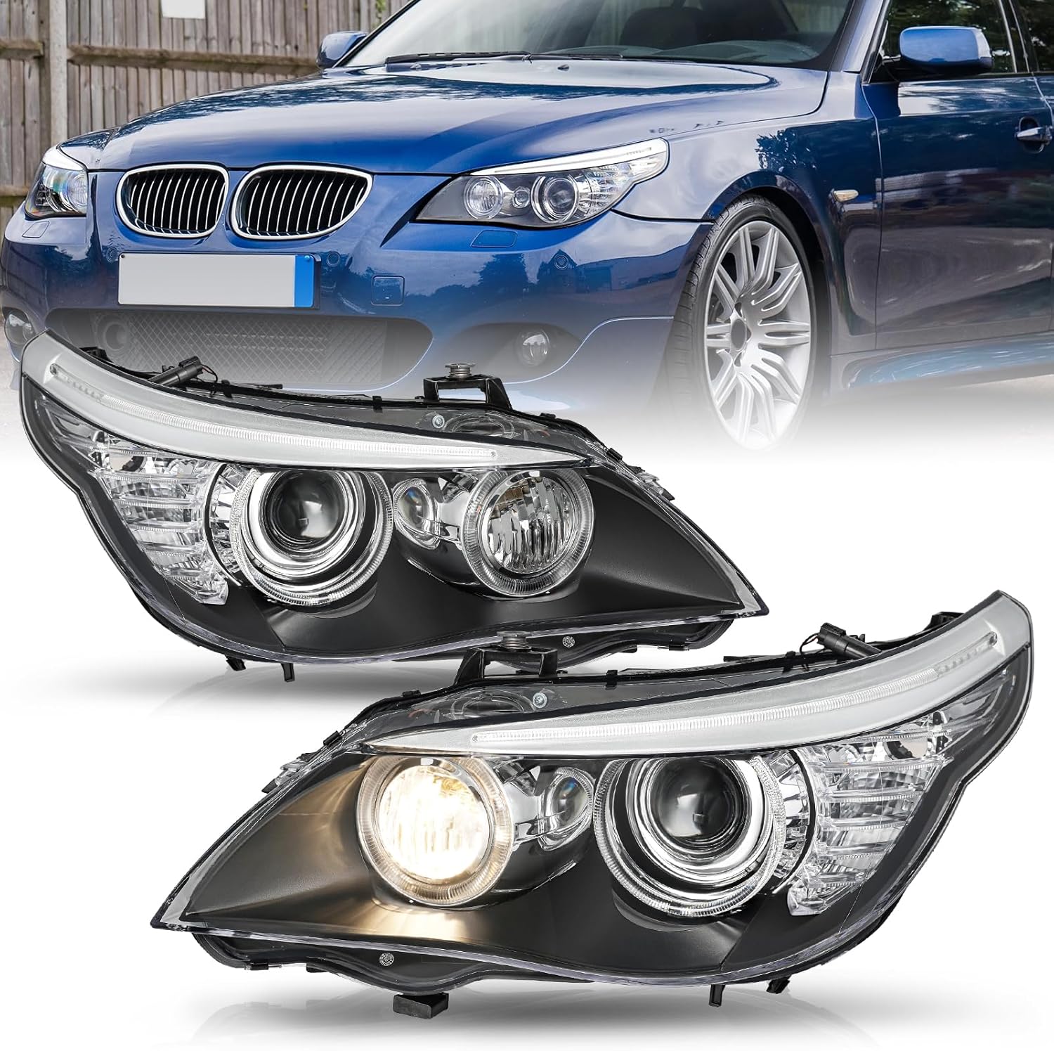 Fit for 2008-2010 BMW E61 528i 535i 550i Xenon/HID AFS Headlights w/DRL Replacement, Factory Projector Headlamp Black Housing 63127045695 63127045696