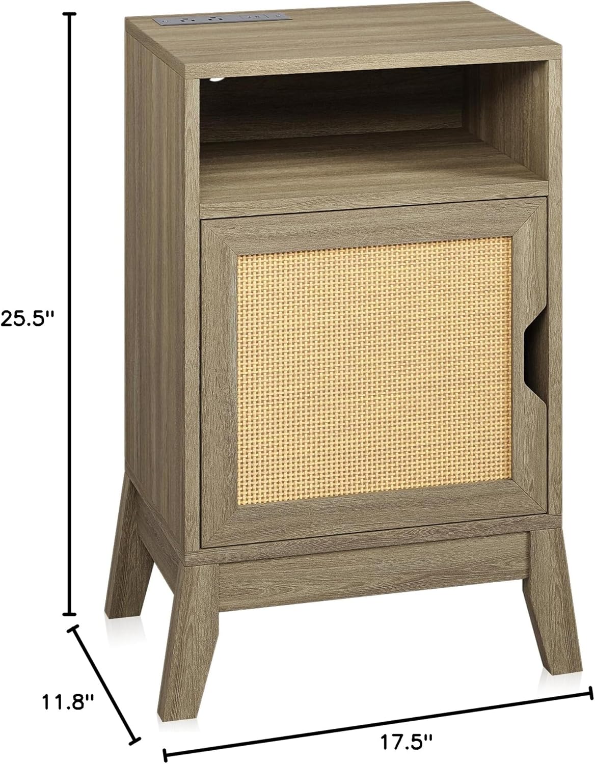 BELLEZE End Table with Ultra-Fast USB Type A/C Outlet Strip, Boho Style Nightstand with Rattan Decorated Cabinet, Modern Side Table for Bedroom, Guest Room, Office - Carl(Nature)