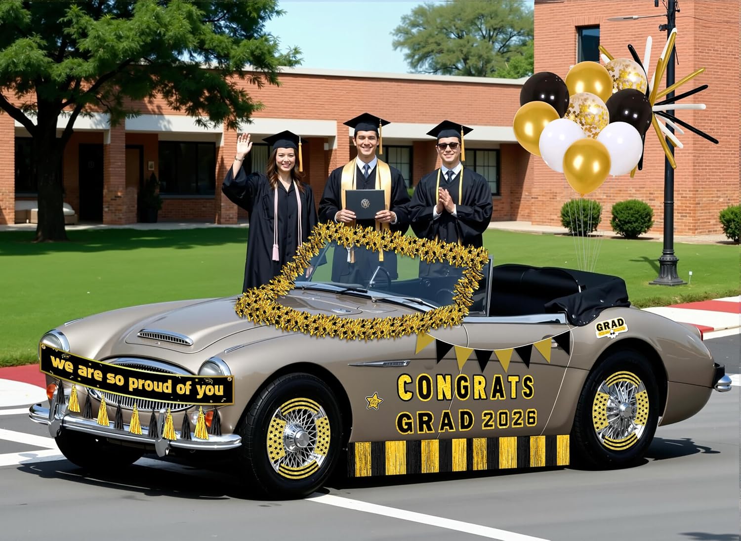 58pcs Graduation Car Decorations 2026 Set – Black Gold Magnets Tinsel Garlands Banners Balloons Kit for Class of 2026 Party, Parade Float, Indoor Outdoor Hanging Decor