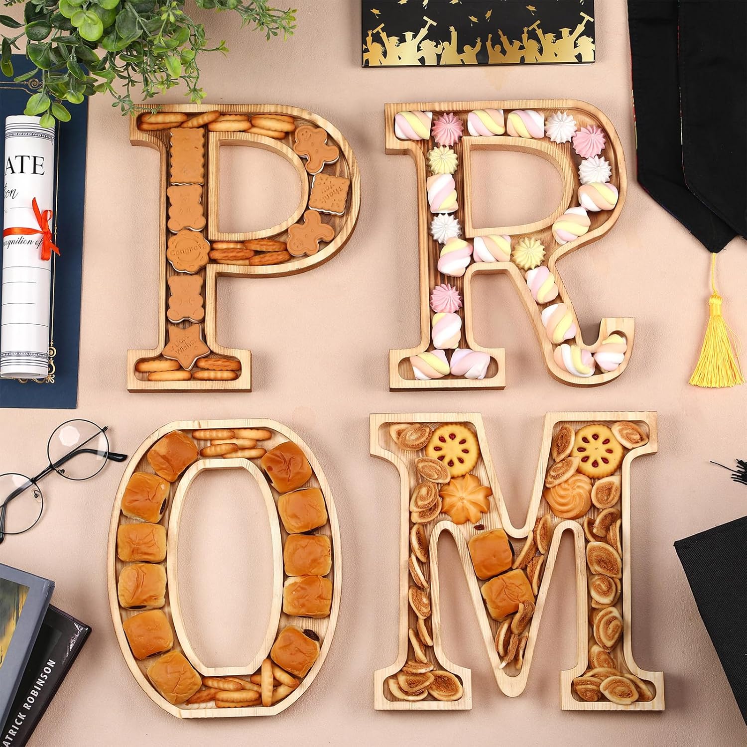 4 Pcs 2026 Graduation Charcuterie Letters Fillable Wooden Prom Letter Trays for Food Charcuterie Board Box Party Serving Candy Dish Decorative Platter