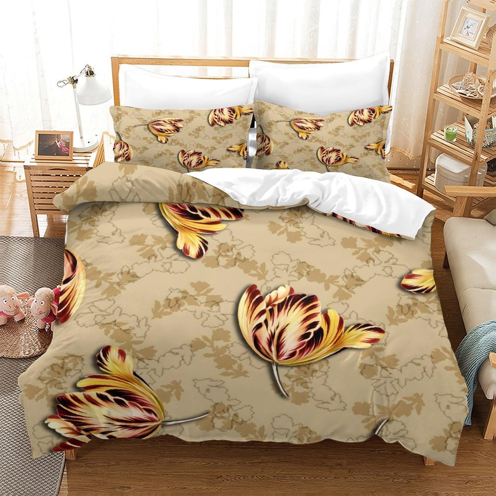 GDEKCIEAS Golden Tulip Deco Bedding Set for Teens,3 Pieces Duvet Cover with Zipper,Breathable Comforter And Quilt Cover for Boys And Girls Single（140x200cm）