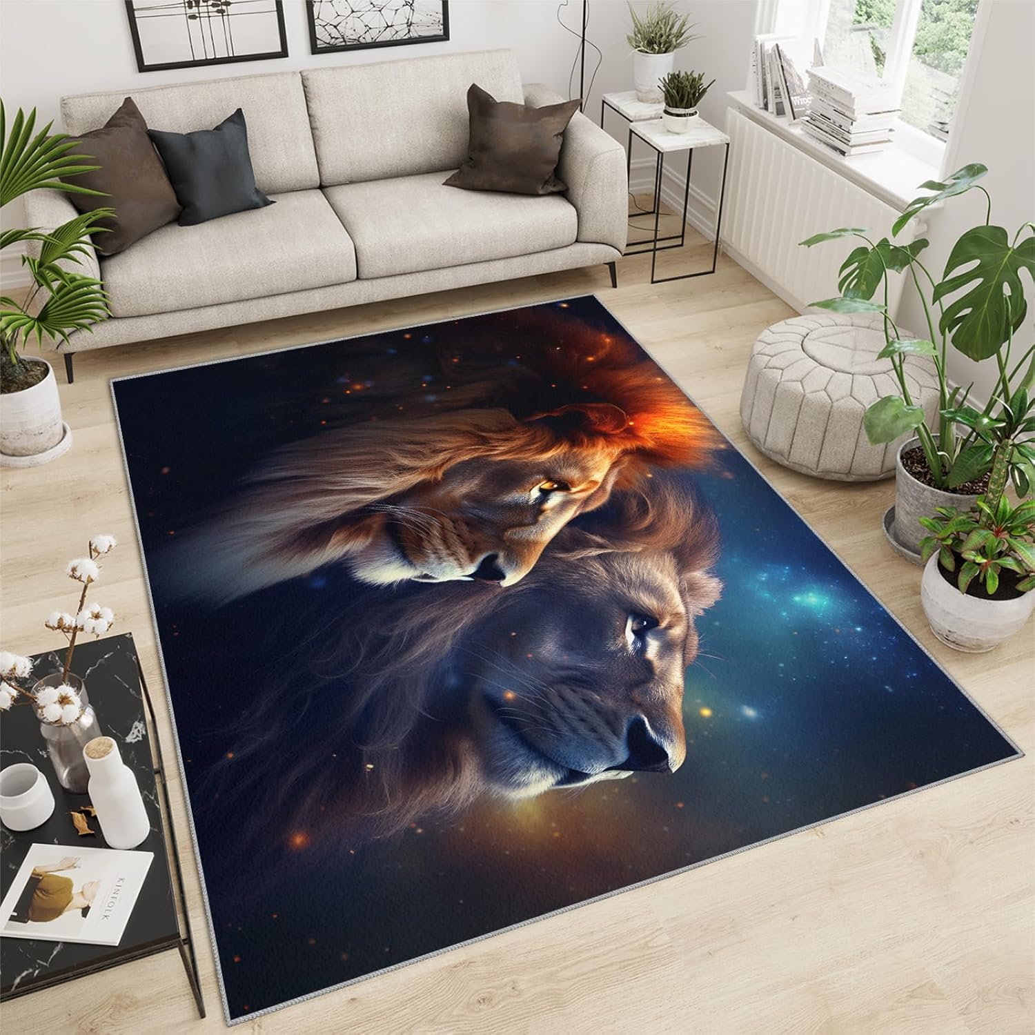 Couple Lion Area Rug 2x3ft Retro Lion Living Room Rug ​​Boys Bedroom African Animals Rug, Machine Washable Carpet for Front Entrance Floor Decor