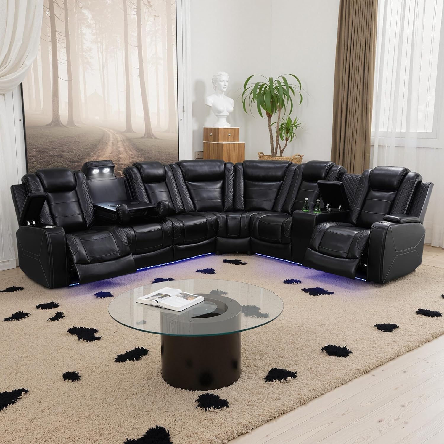 Power Recliner Sectional Sofa with LED Light, Breathing Leather Recliner Sofa Couch with USB Port/Cup Holder/Storage for Living Room (6 Seat Reclining Sectional Couch) (All Black Upgraded Version)