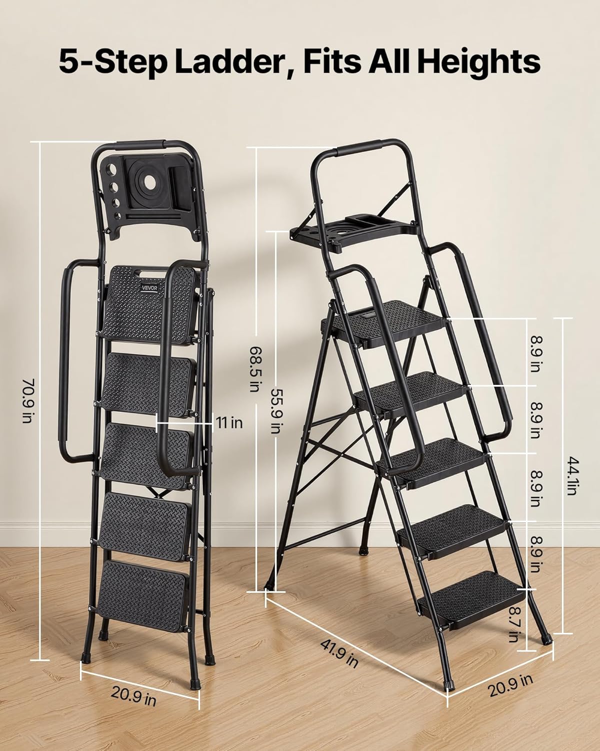 VEVOR 5 Step Ladder, Folding Step Stool with Wide Anti-Slip Pedal, Tool Tray, Dual Side Handrails, 600 lbs Capacity Portable Steel Ladder, Multi-Use for Kitchen, Home, Household and Office, Black