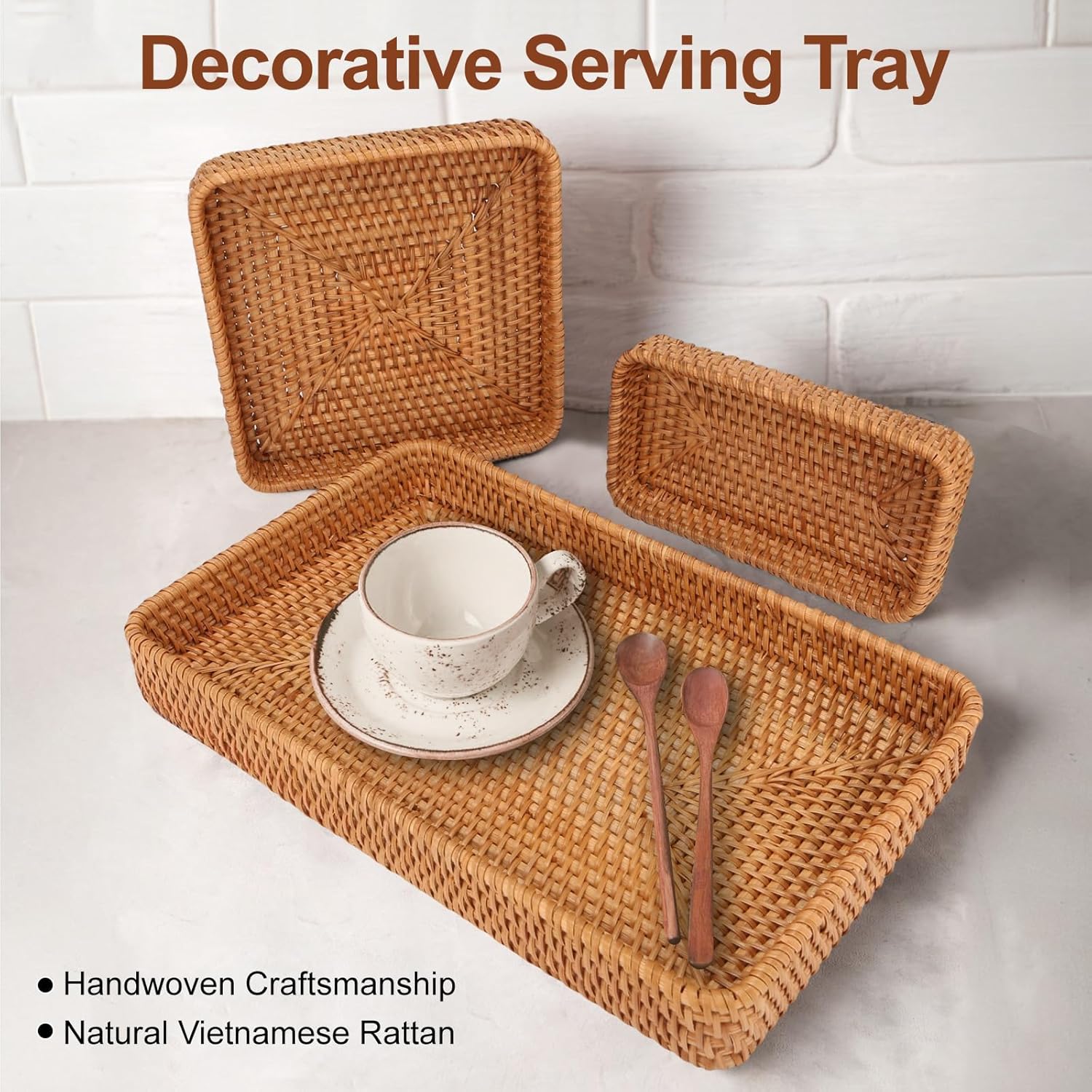 Rectangular Serving Tray for Home Decor,Decorative Serving Baskets for Organizing,Natural Rattan Storage Baskets for Coffee Table