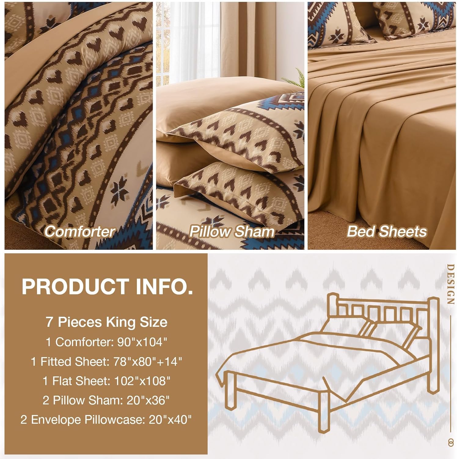 Menghomeus King Size Brown Comforter Set, 7 Pieces Boho Aztec Bed in a Bag, All-Season Bedding Set with Sheets & Pillow Shams, Bohemian Geometric Striped Pattern