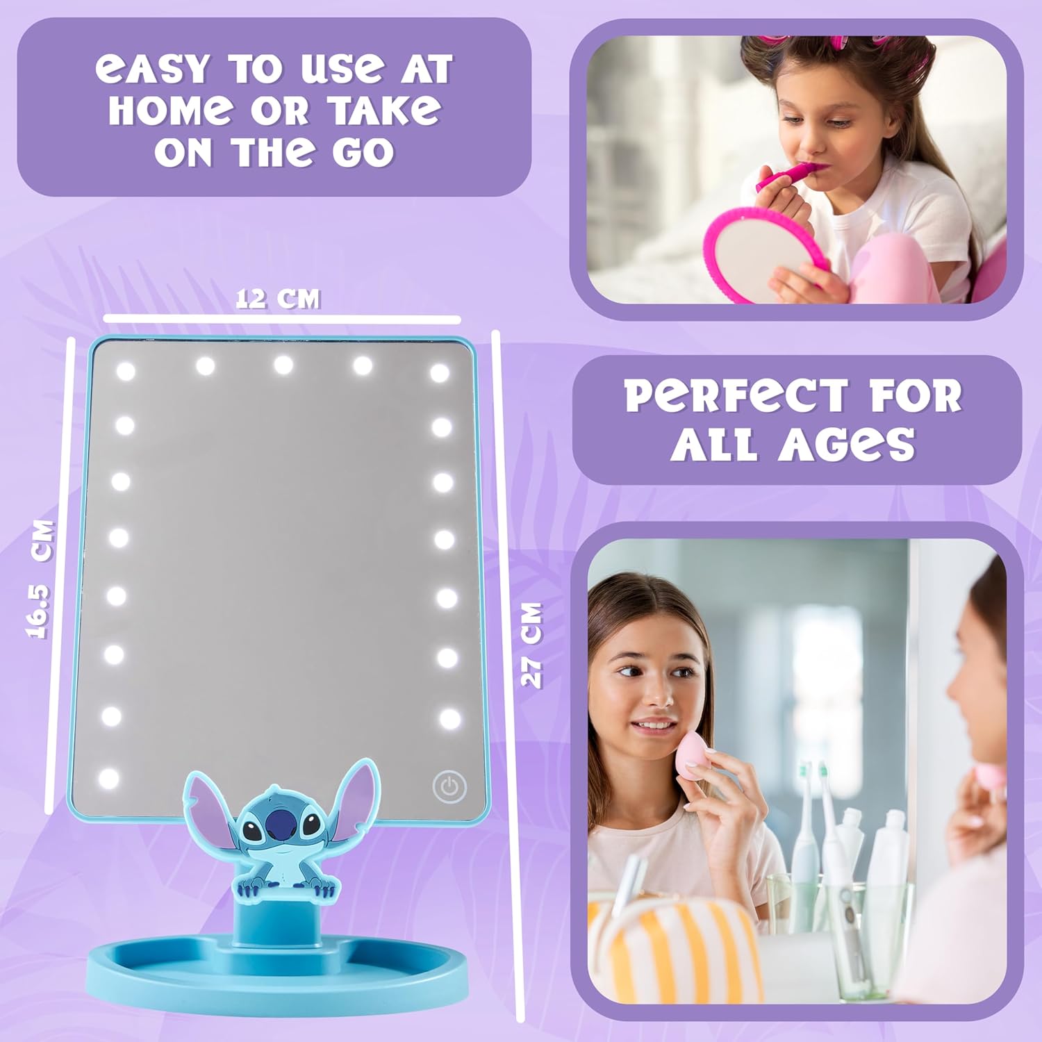 Disney Stitch Vanity Mirror for Girls, Teens, Women with Trinket Tray, LED Table Mirror, Touch Screen, Light Make Up, Gifts for Women (Blue)