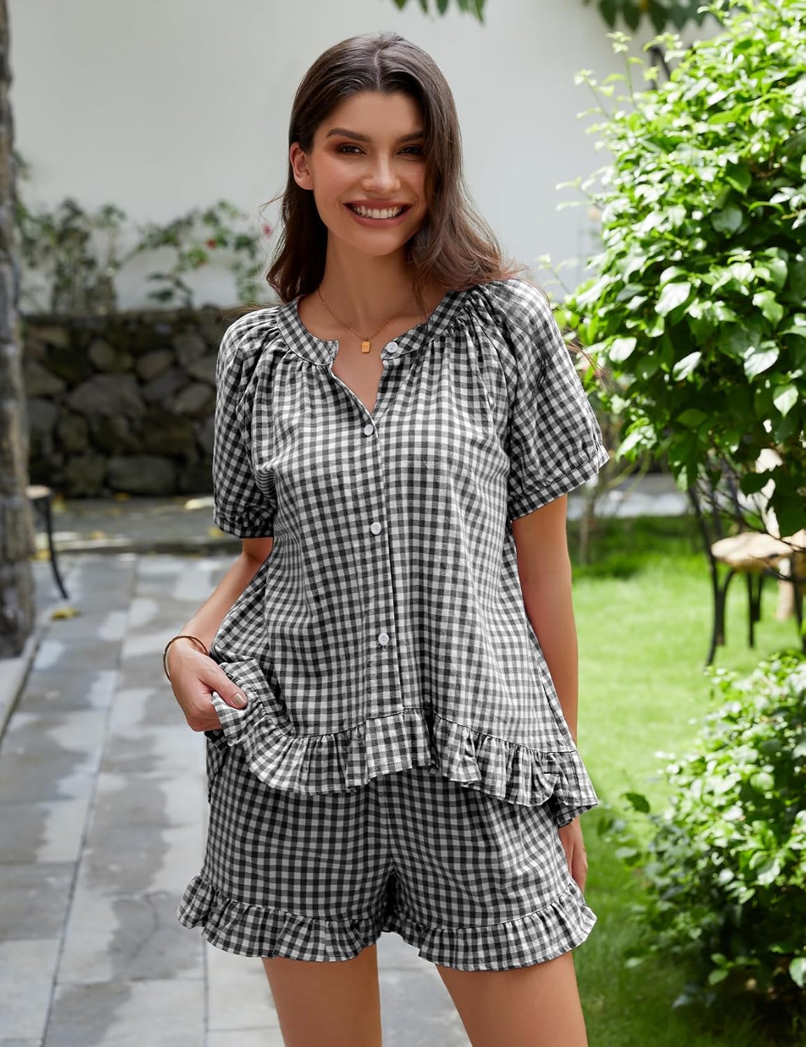 Flygo Womens Gingham Pajamas Set 2 Piece Cotton Pj Lounge Sets Puff Sleeve Ruffle Babydoll Shirt Shorts Summer Outfits - Image 3