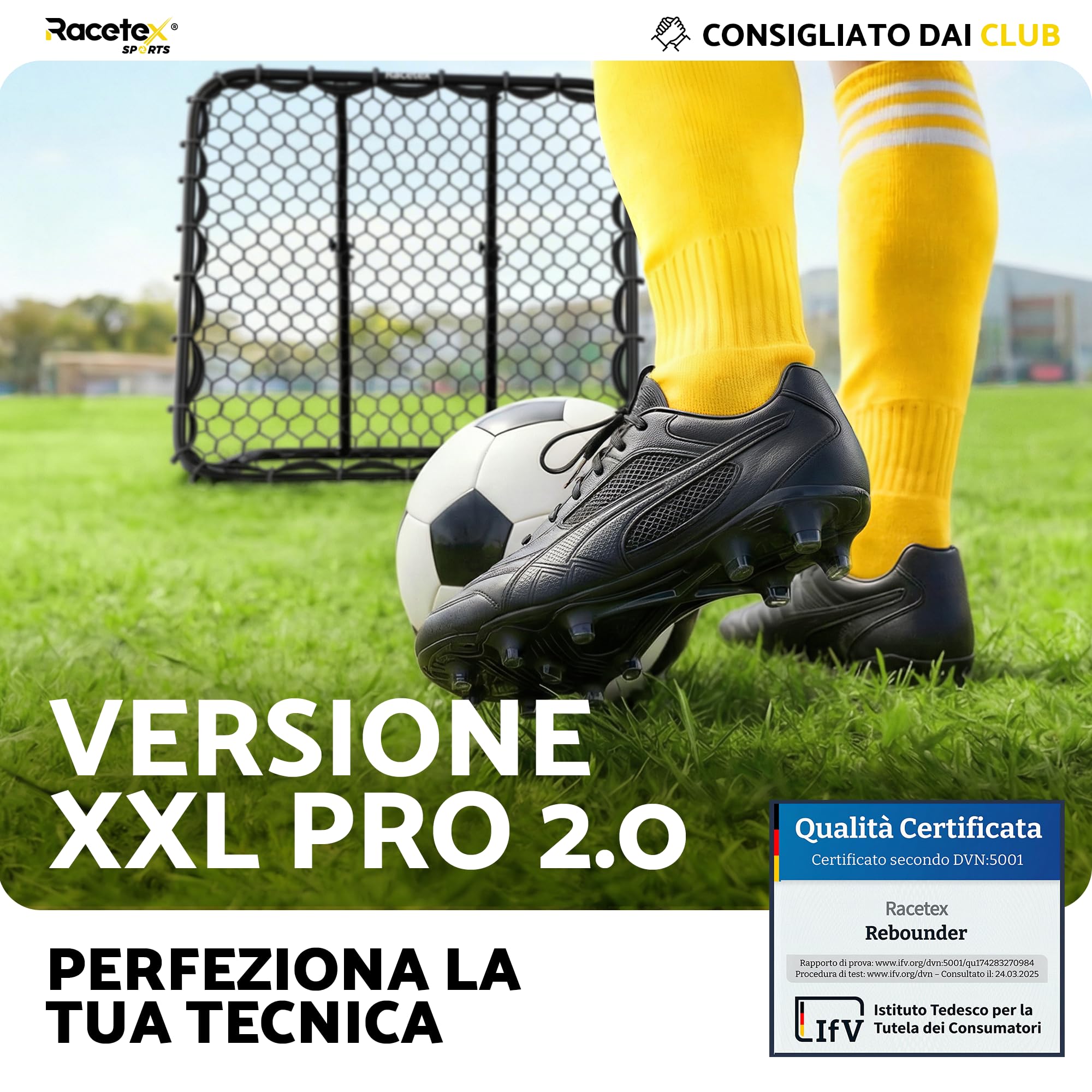 Racetex Rimbalzo per calcio XXL [125 cm x 125 cm) – Rimbalzo da calcio con struttura robusta e angolo regolabile – Calcio rimbalzo per allenamento di tiro, passaporto e balla