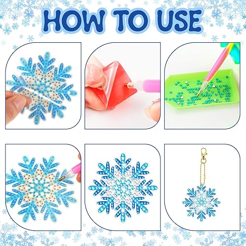 Miniatura 6 de BBTO 15 piezas de llavero de pintura de diamante de invierno con copos de nieve, adornos de pintura de diamante 5D DIY llavero de pintura de