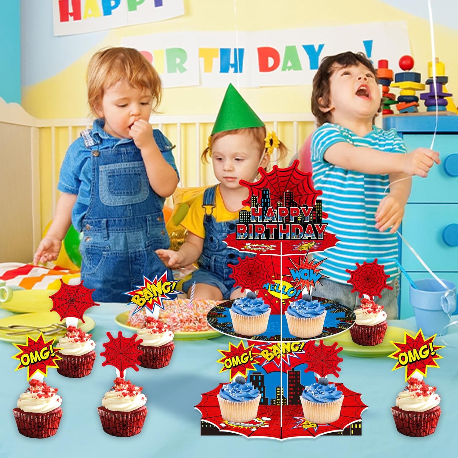 Spider web Birthday Party Supplies, 3 Tier Spider web Cupcake Stand Superhero Party Decorations Supplies for Kids Boys Themed Birthday Decorations - Image 7