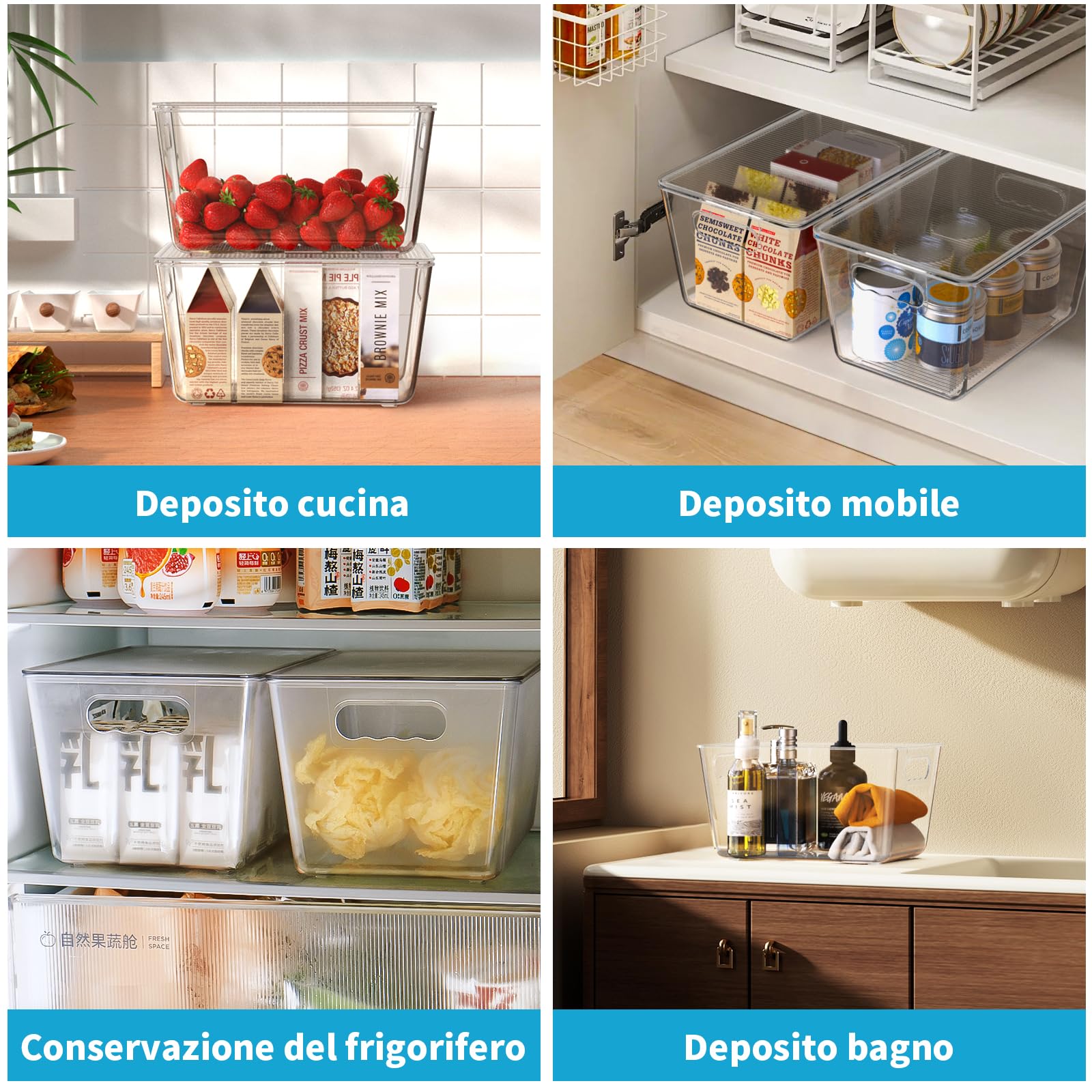 Confezione da 6 contenitori trasparenti con coperchio, contenitori impilabili in plastica con manici facili da impugnare per l'organizzazione di mobili da cucina, dispensa, frigorifero e congelatore