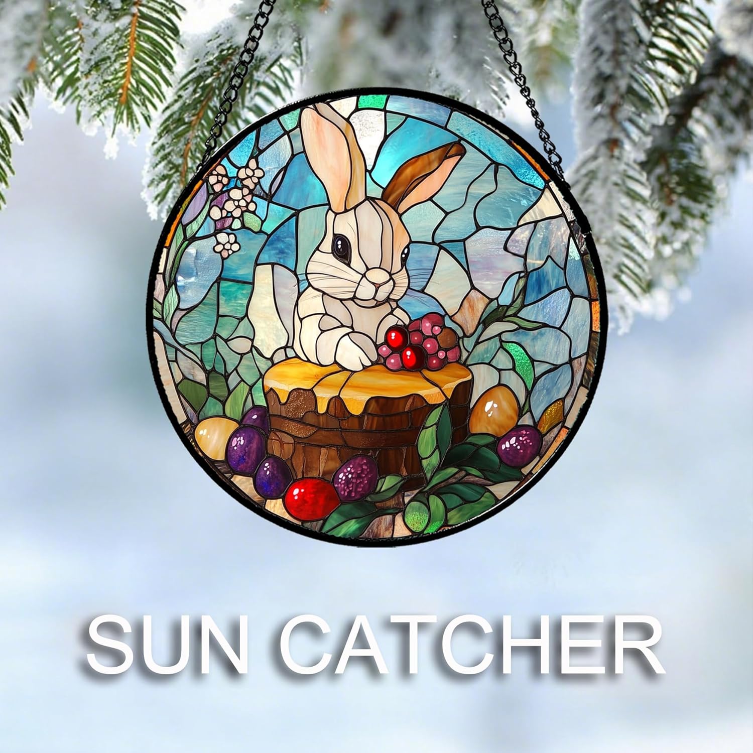 CHATYOUNG Stained Glass Window Hanging Color Berry Rabbit 9.8" - Animal Suncatcher Door Garden Home Decor and Christmas Mother's Day Birthday Gift Grandma Mom Women Men Animals Lover