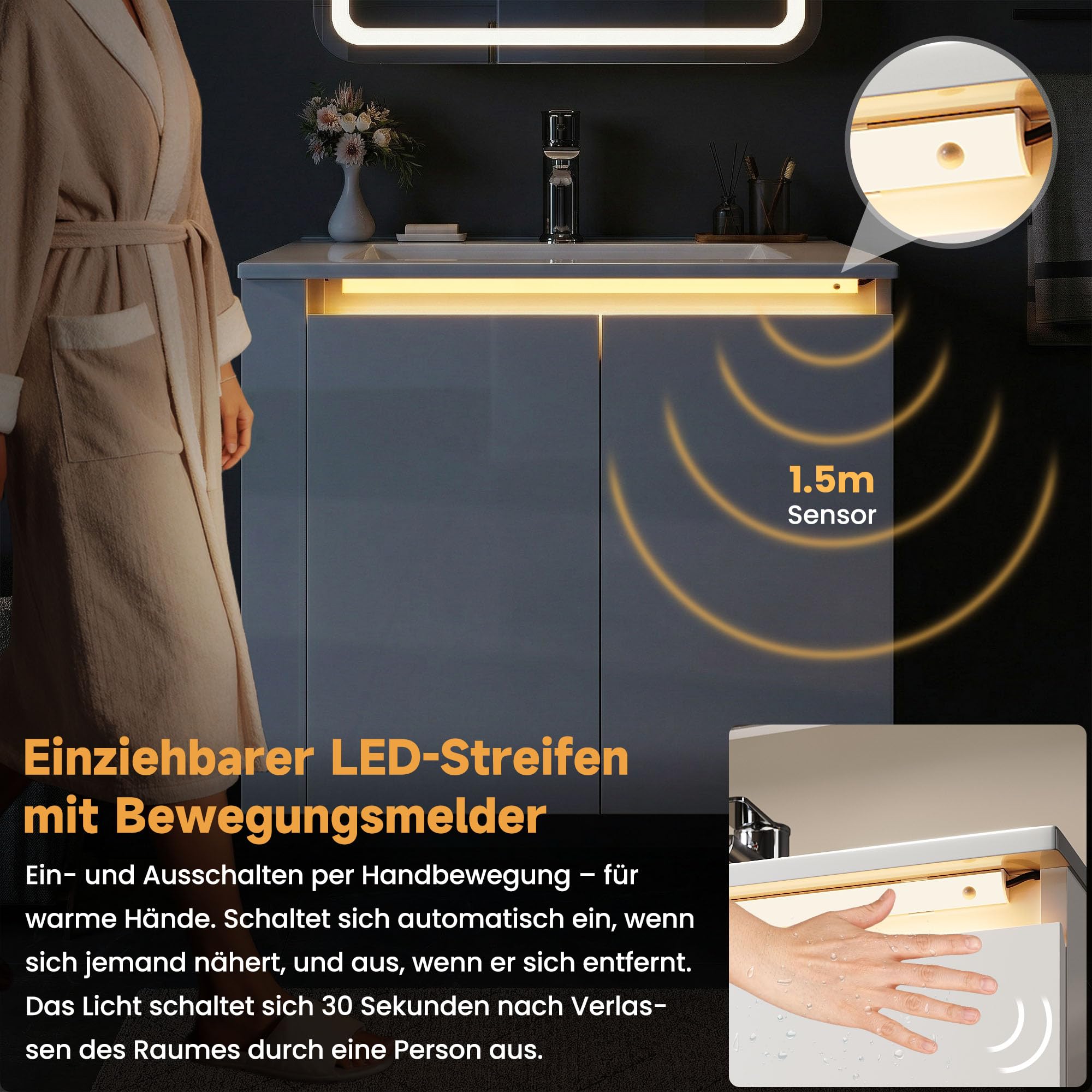 SONNI Badmöbel Set Waschbecken mit Unterschrank 60cm, inkl. Keramikwaschbecken, LED-Lichtleiste, Offenem Fach, Hängend, Grifflos, Hochglanz Weiß, Badezimmermöbel, 60x50x50cm.