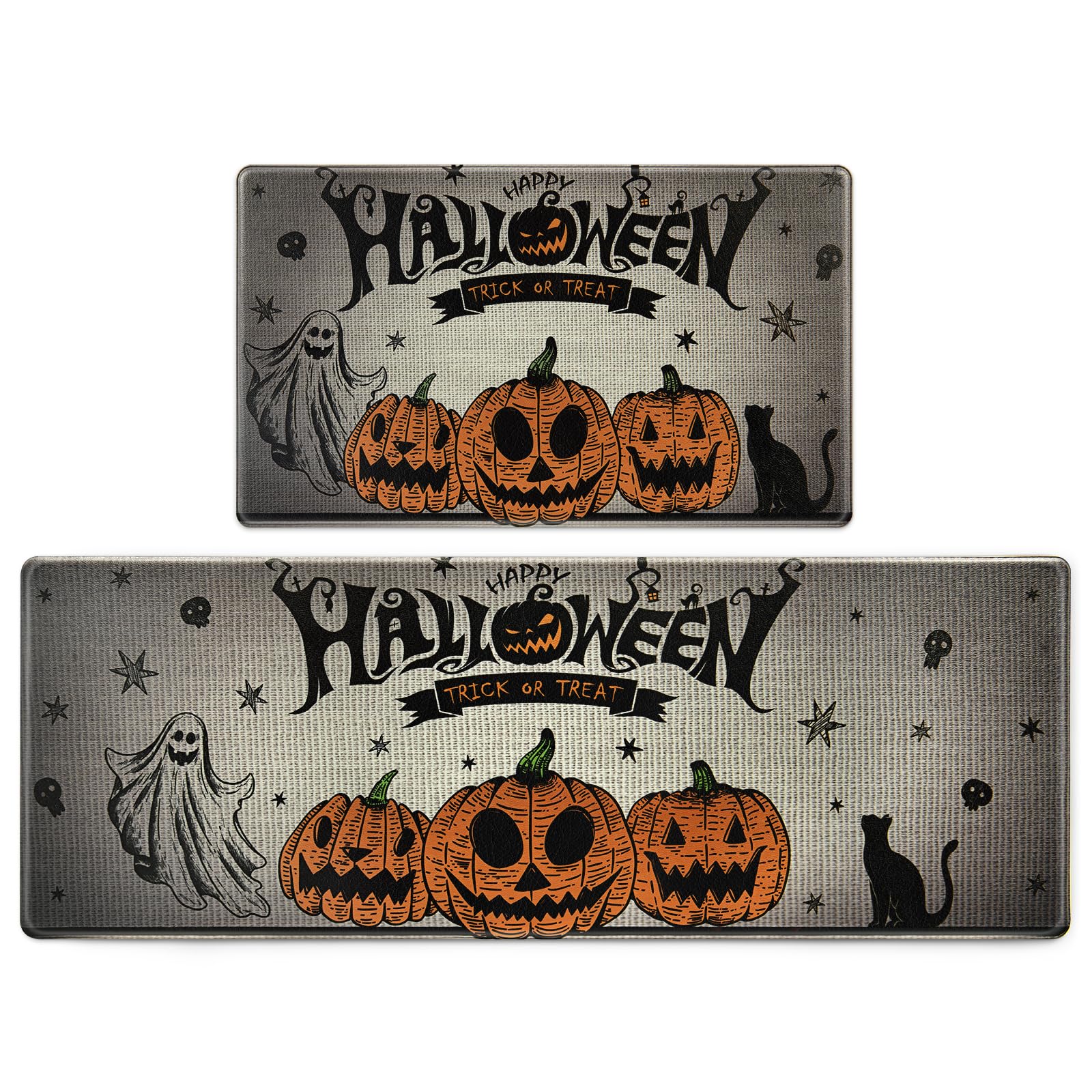 Alishomtll Halloween Kitchen Decor Mats Anti Fatigue 2 Pieces, Non Slip Kitchen Rugs for Halloween Decors, Pumpkin Ghost Black Cat Halloween Rug and Door Mat for Party,17''x29''+17''x47''