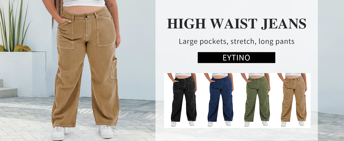 Eytino Womens Plus Size Pants High Waisted Stretch Wide Leg Cargo 