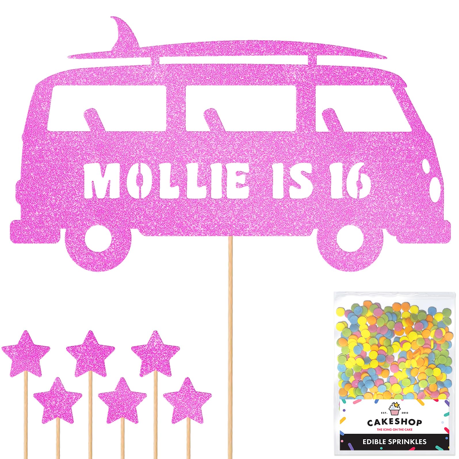 Personalised 60's Camper Surfer Surf Glitter Cake Topper Lt Pink Any Custom Age & Name Glitter Cake Decoration and Sprinkles - Happy Birthday Decorations - Personalised Toppers for Cakes by Cakeshop
