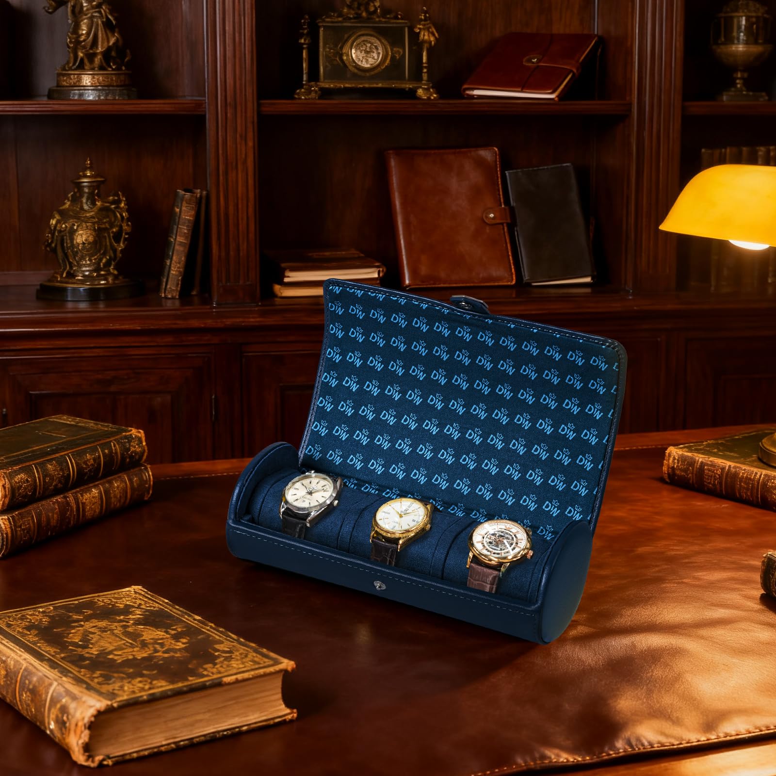 XTELARY Rullo per orologi 3 orologi, custodia da viaggio con cuscino rimovibile per uomo e donna, vetrina in pelle per collezioni di orologi e regalo per anniversario o compleanno (blu portaorologi)