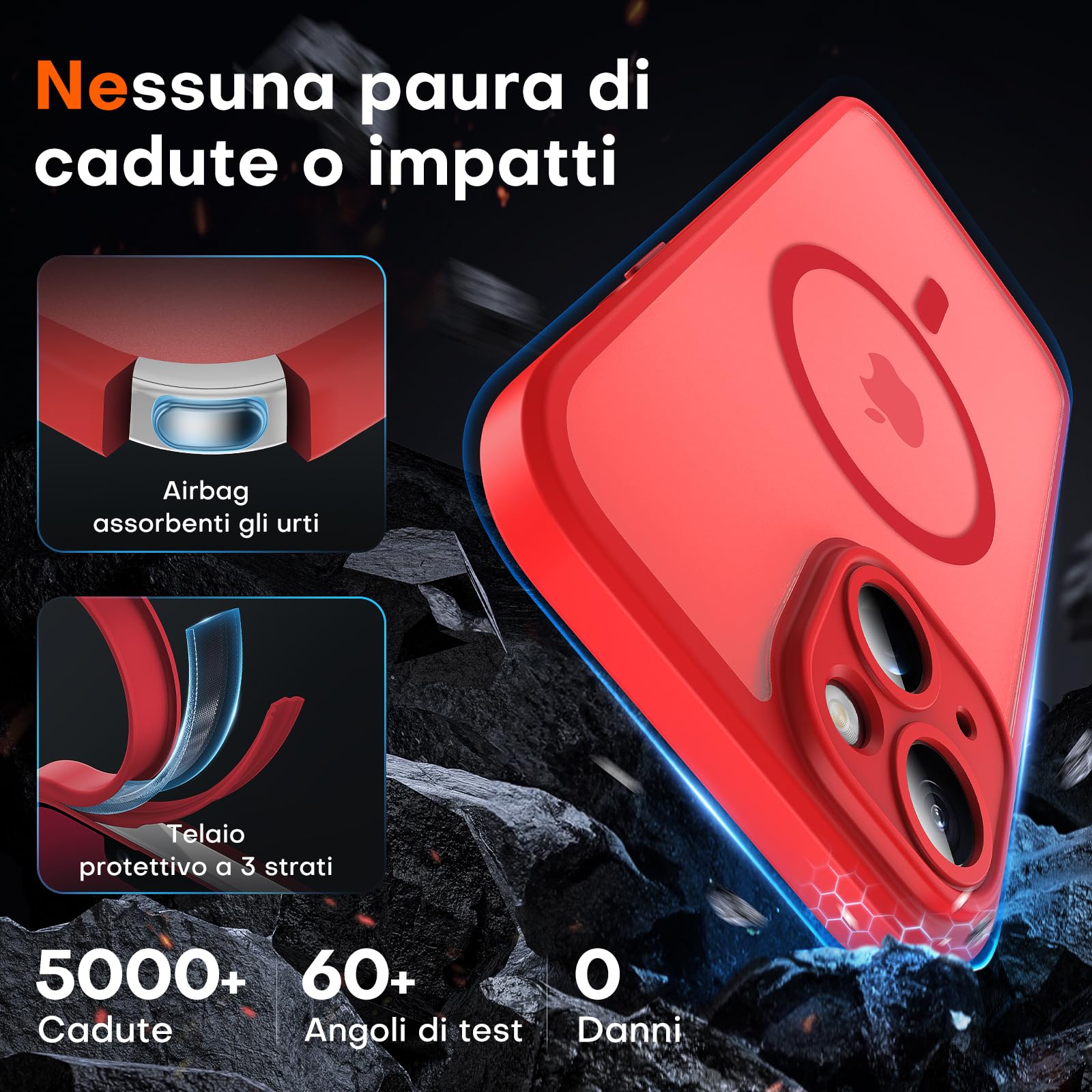TOCOL Cover Magnetica per iPhone 13 6,1 Pollic, Compatibile con MagSafe, Protezione Fotocamera Integrata, Custodia Antiurto Traslucida Opaca, Rosso