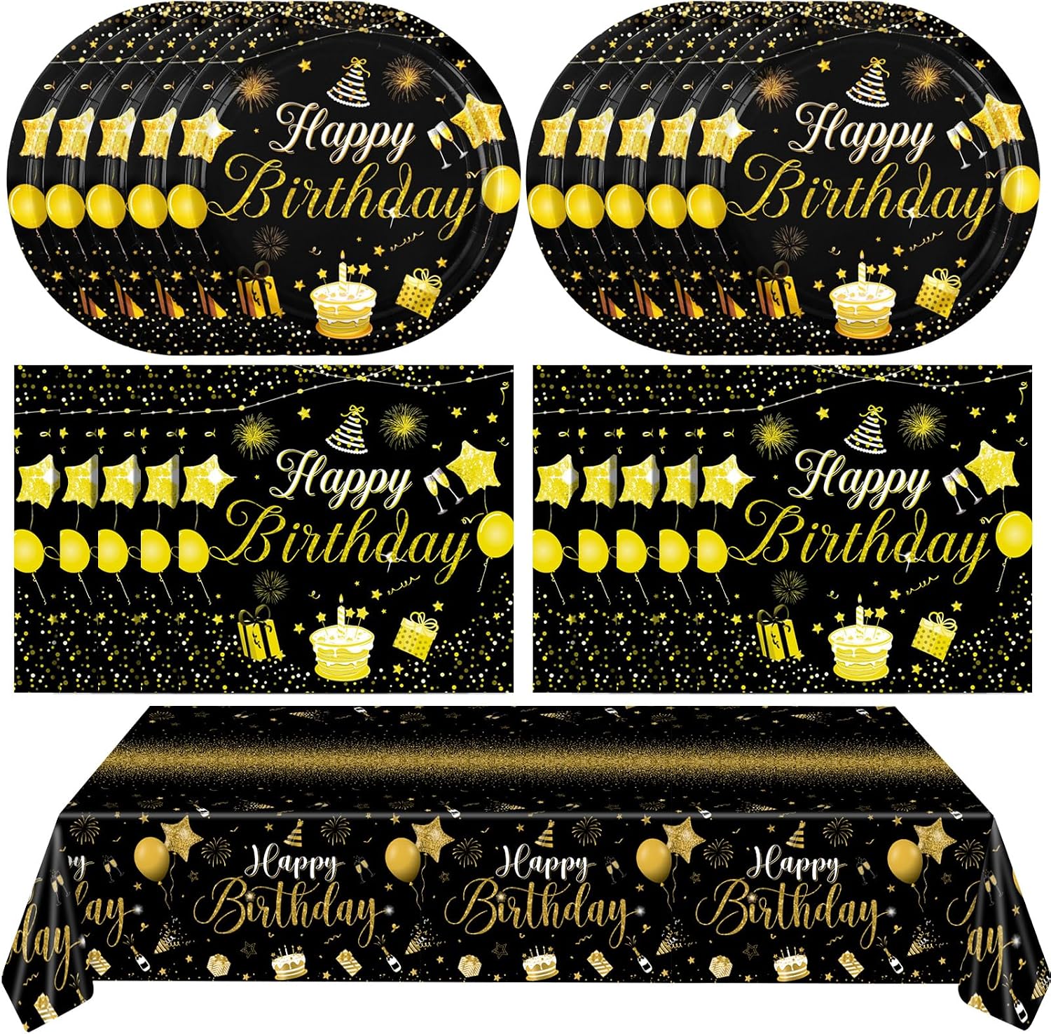 Black & Gold Dinnerware Set - Gold Disposable Party Supplies Include Plates, Napkins, Tablecloth for Men & Women - Happy Birthday Party Decorations