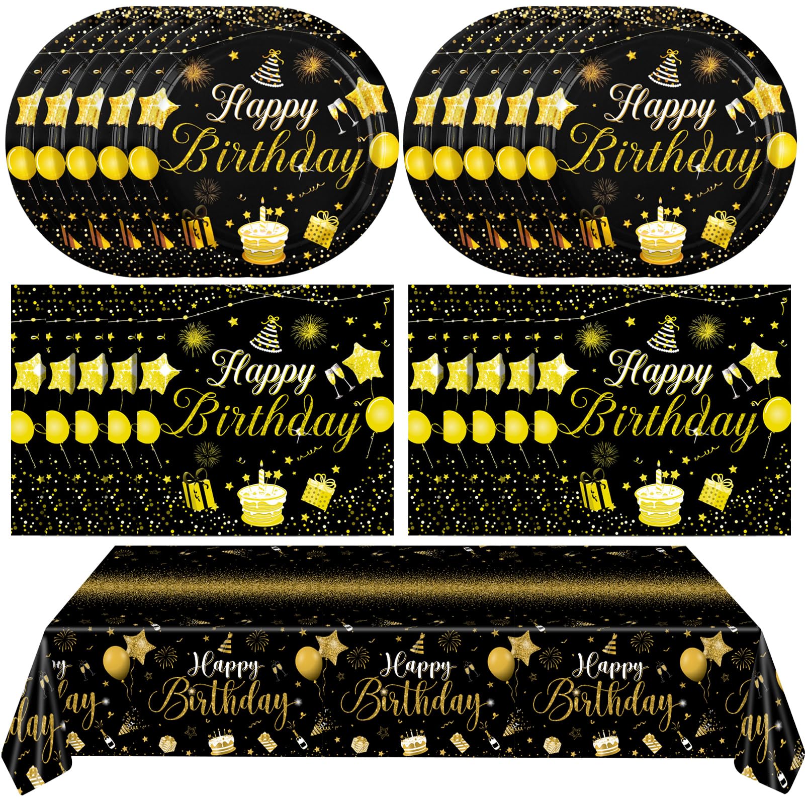 Black & Gold Dinnerware Set - Gold Disposable Party Supplies Include Plates, Napkins, Tablecloth for Men & Women - Happy Birthday Party Decorations