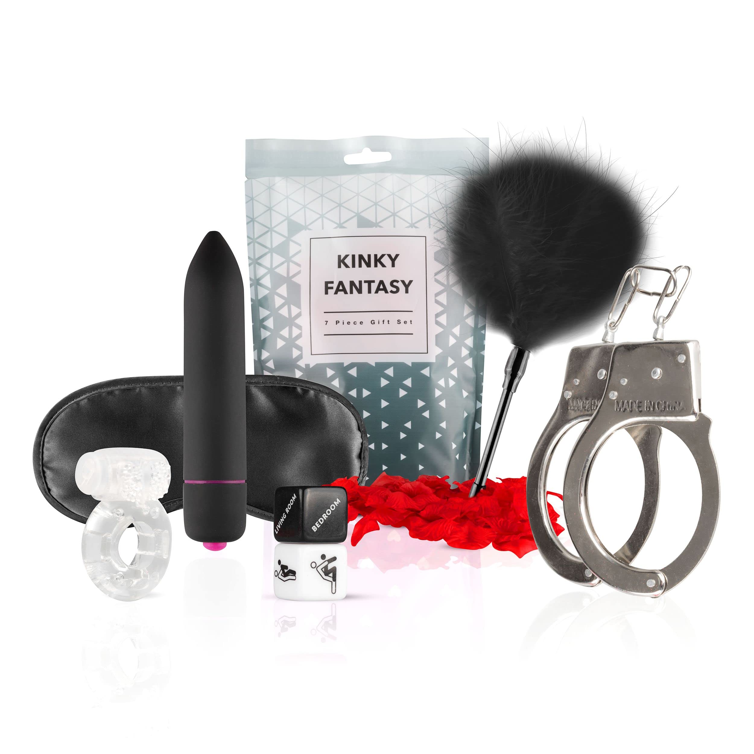 LoveBoxxx - El regalo perfecto Fantasía Rizada Caja con Pétalos- Máscara negra - Vibrador de bala negro- Tickler- Esposas grises - Anillo de pene vibrante transparente - Dados