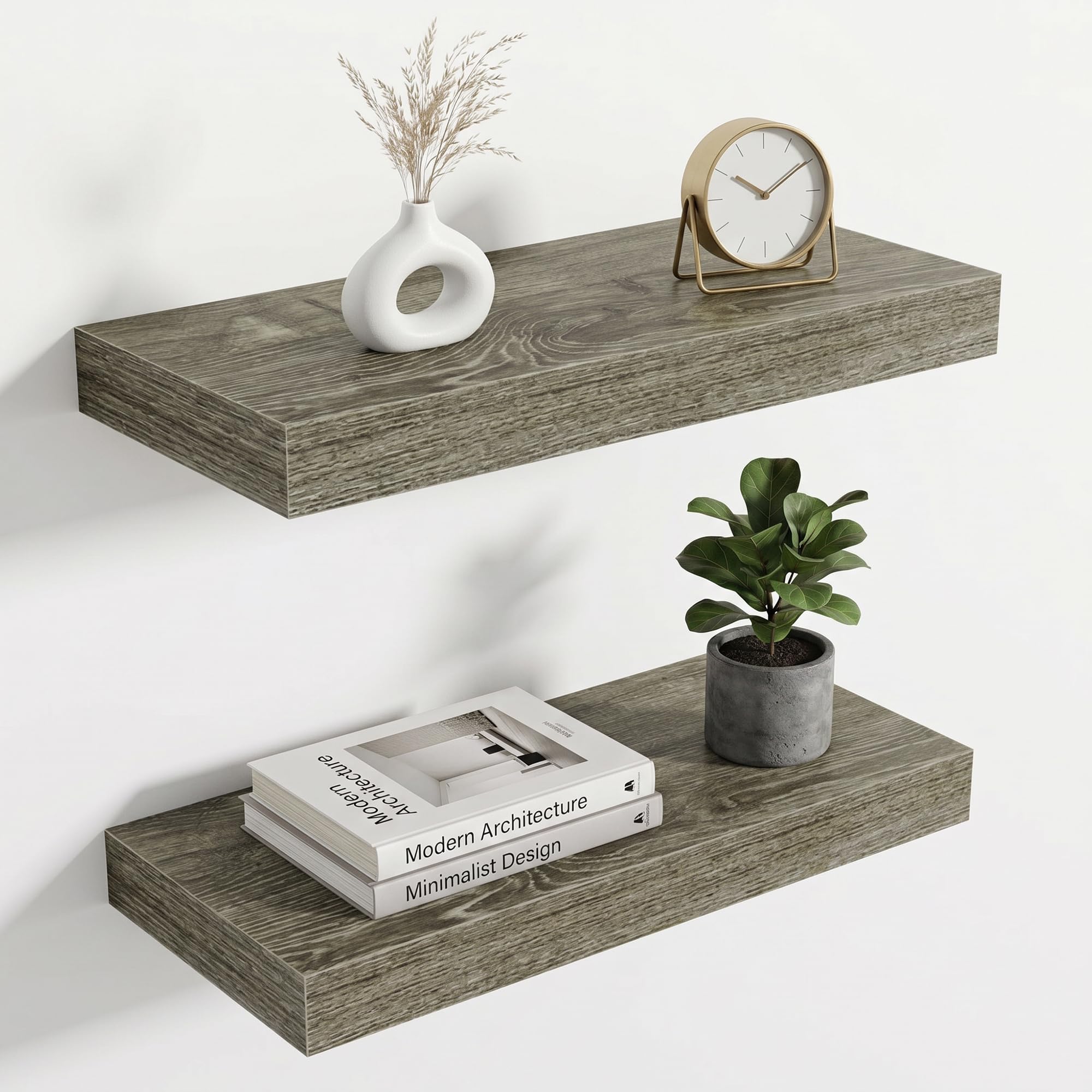 Acovy Floating Shelves for Wall, Extra Thick 40cm Long Wooden Wall Mounted Shelf, Wall Shelves for Living Room Bathroom Bedroom Kitchen, Oak Grey, Set of 2 โ image 1