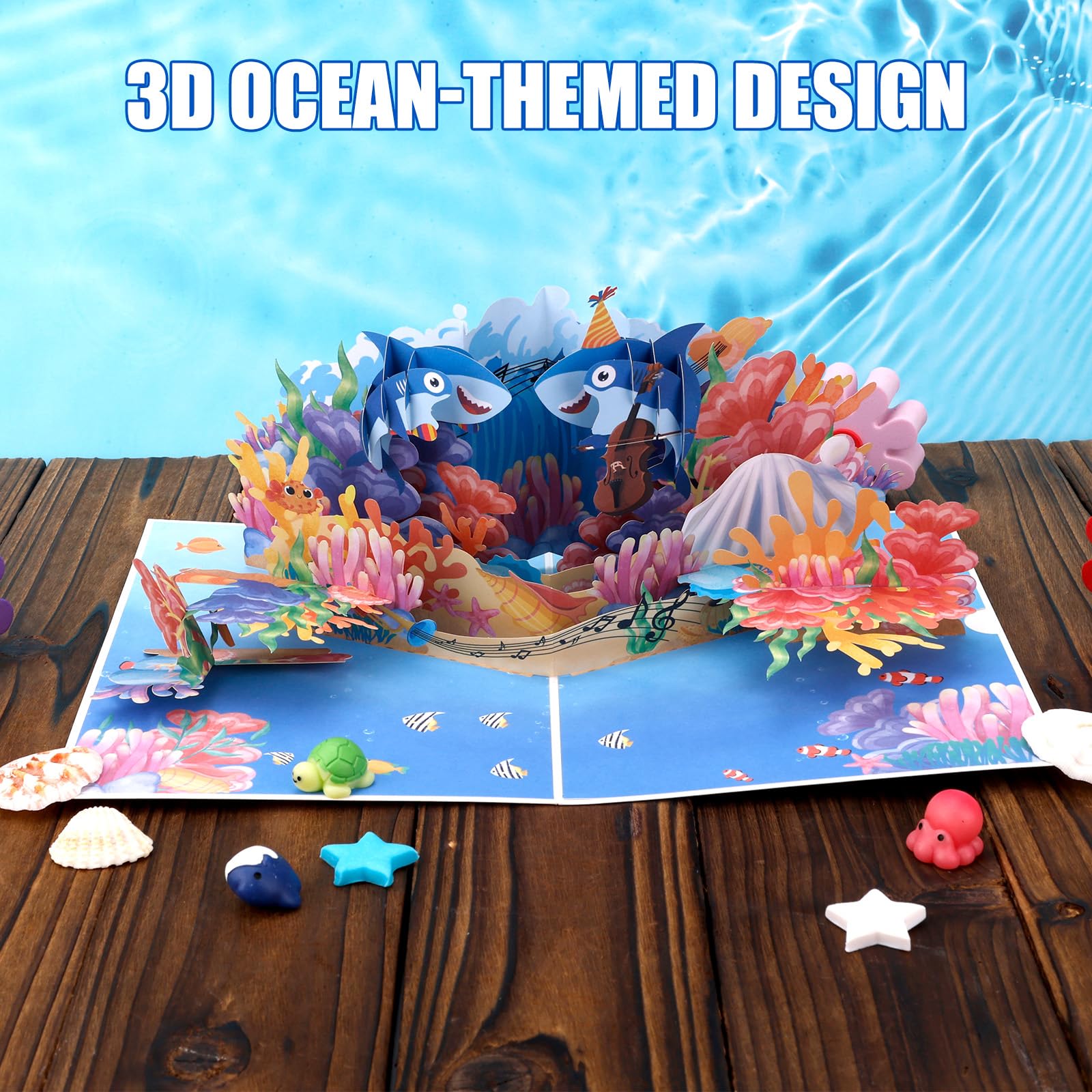 Penitue Biglietti Pop Up Compleanno a Tema Oceano, Squalo Barriera Corallina Vita Marina Biglietto di Auguri 3D per Compleanno Anniversario Ragazzi Ragazze Uomini Bambini Amanti del Mare