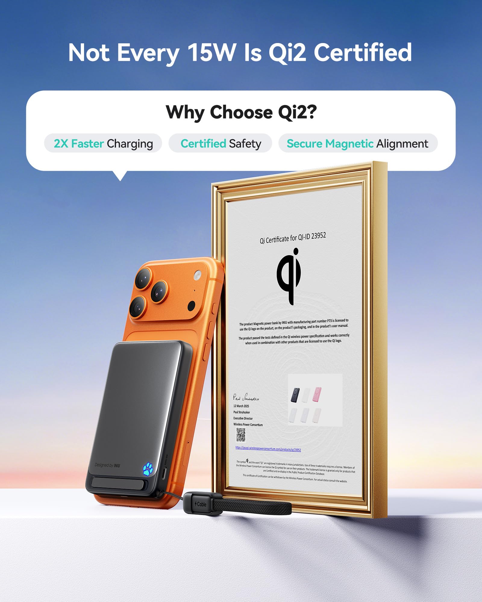 INIU for Magsafe Power Bank, Slimmest 10000mAh Qi2 Certified 15W Magnetic Portable Charger, 45W Fast Charging with Built-in USB-C Cable, Battery Pack with Stand for iPhone Air 17 16 15 14 13 12 Only