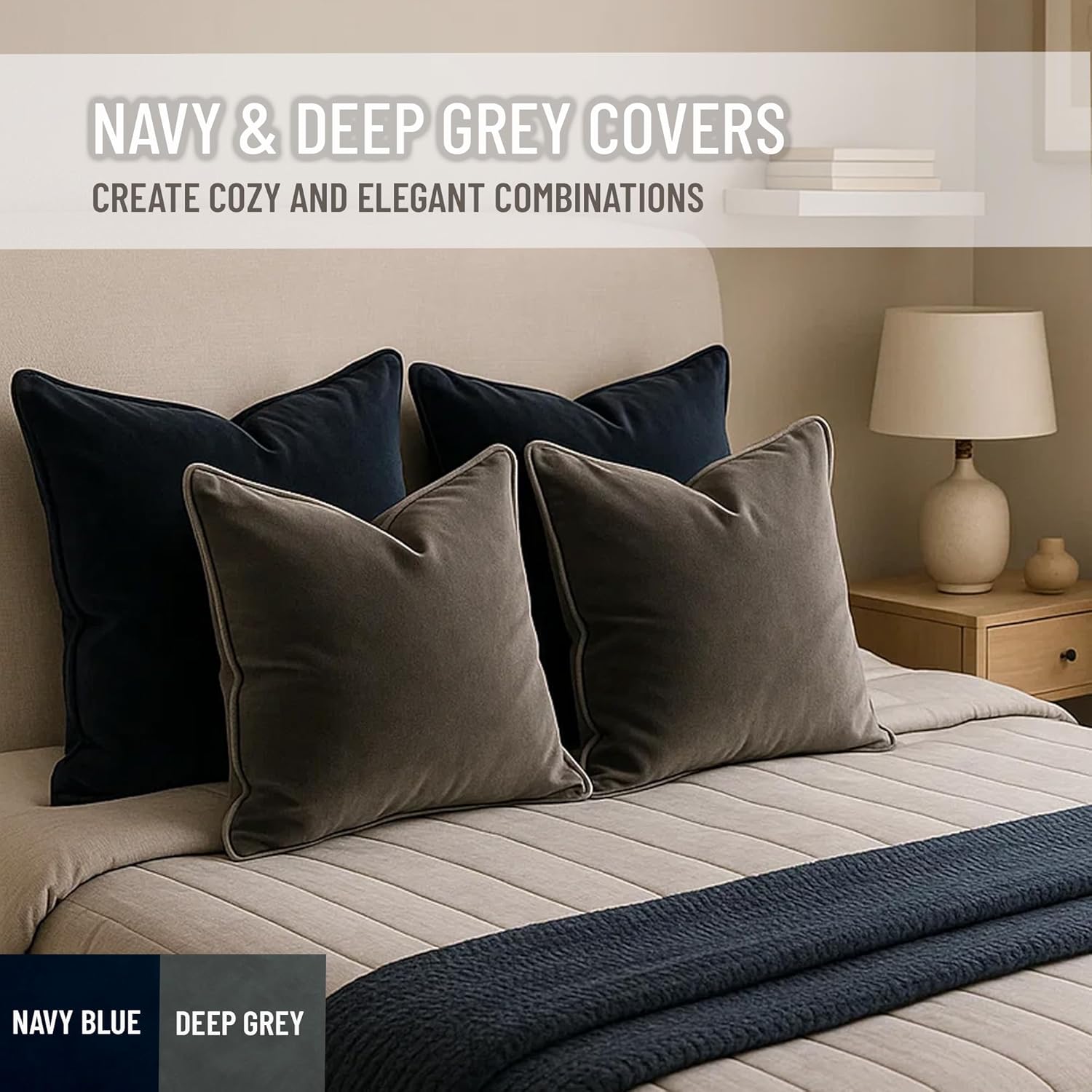 2 Pack Velvet Decorative Throw Pillow Covers, 18"x18", Navy Blue and Grey, Solid, Modern, Contrast Piping, Indoor Use, Bedroom & Living Room