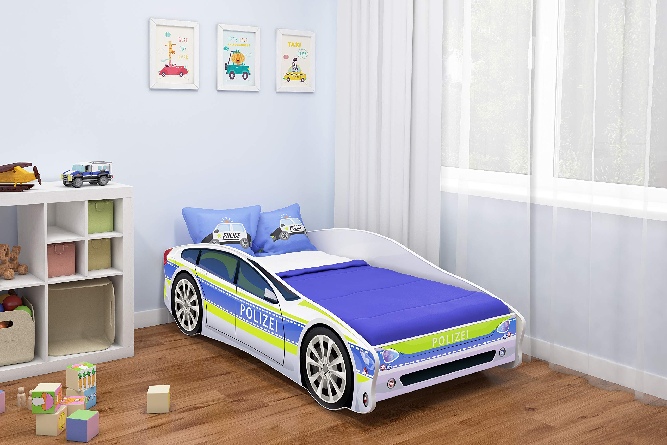 ACMA Autobett Polizei 160x80 cm - Kinderbett Auto im Polizeiwagen Design mit Matratze und Lattenrost, Jugendbett mit Rausfallschutz, Modell Polizei 1, belastbar bis 150 kg