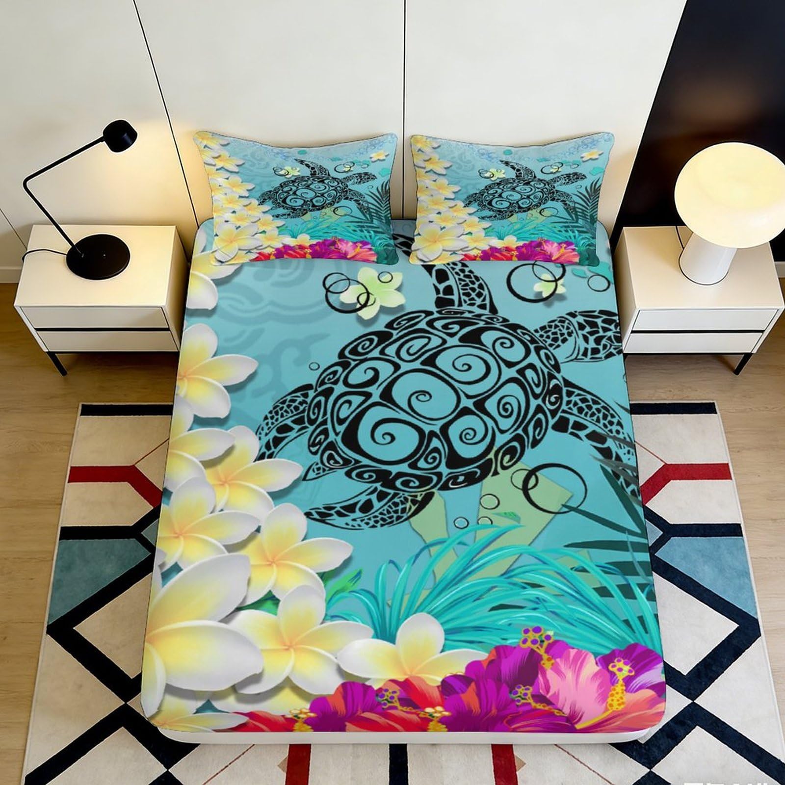 3D Printed Sea Turtle Fitted Sheet Microfiber Soft Floral Mattress Cover for Bedroom Dorm Protector Washable 160x200x25cm