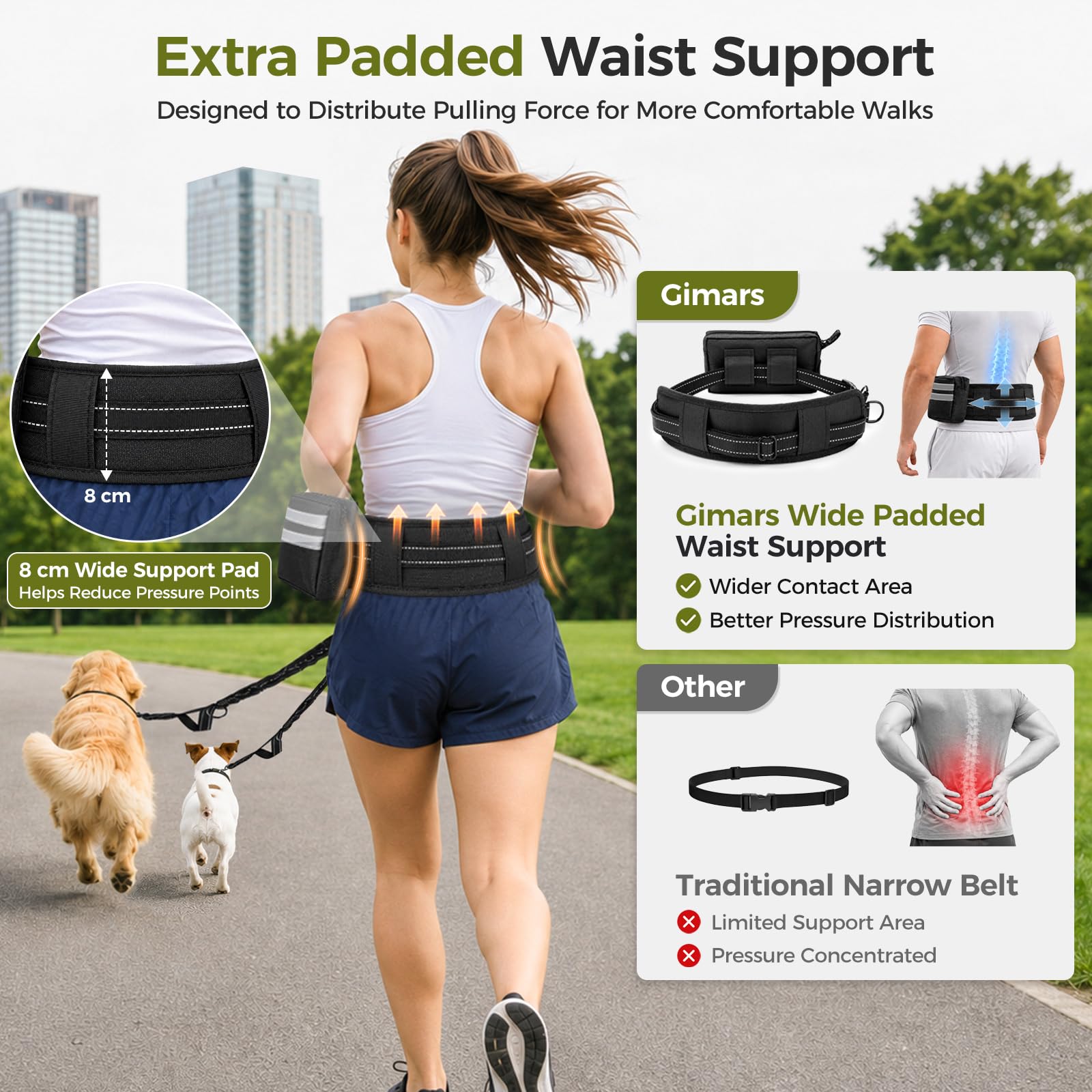 Gimars Laisse Canicross Chien pour 2 Chiens avec Ceinture Réglable et Sac Banane, Double Laisse Élastique Antichoc Anti-Fuite avec Poignées Réfléchissantes pour Promenade, Chiens 10–50 kg