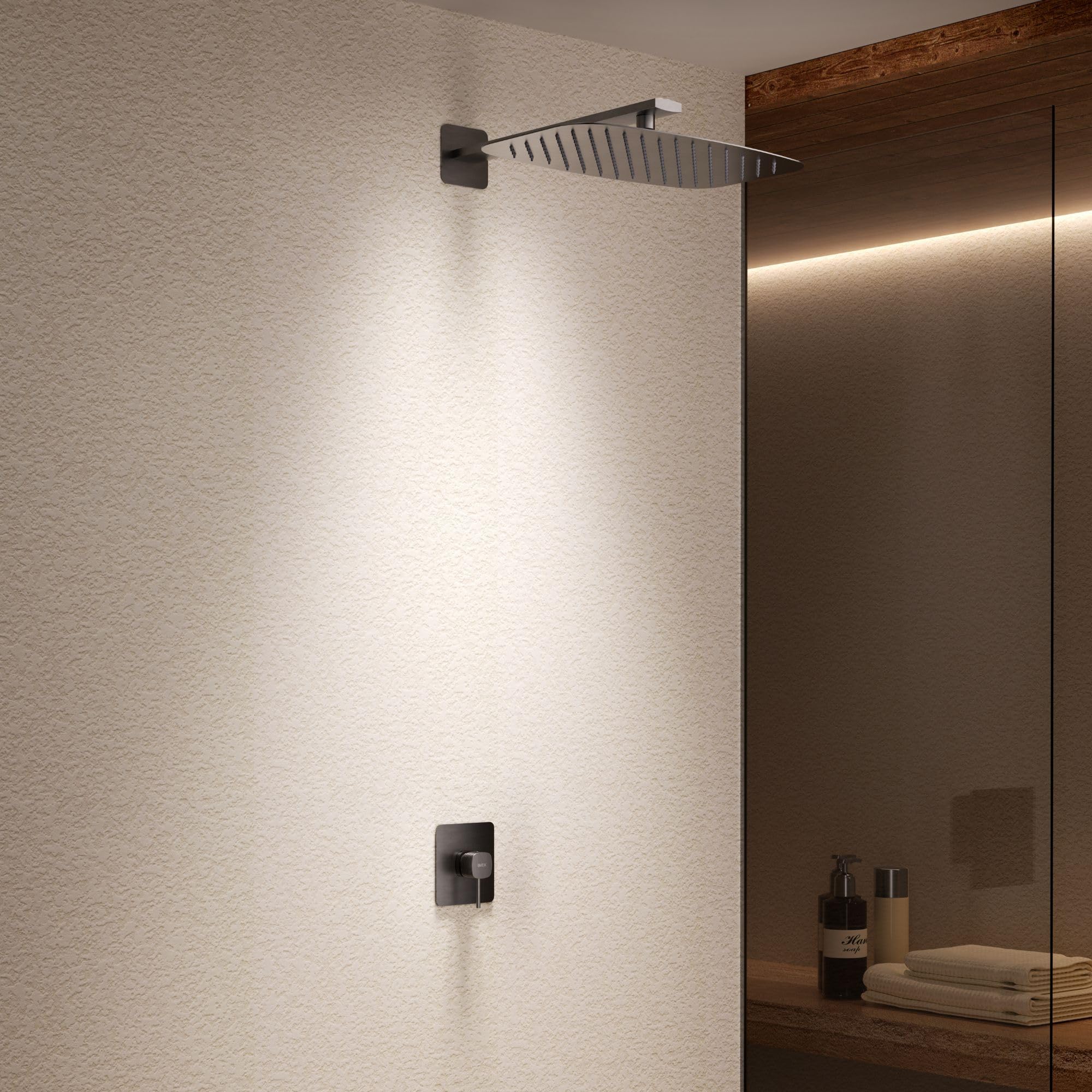 IMEX - Ducha Empotrada Oro Monomando | Conjunto de Grifería Empotrado con Rociador Antical Efecto Lluvia Dorada | Columna Ducha Empotrada con Grifo en Latón y Acero Inox S.304 (SIN ALCACHOFA)