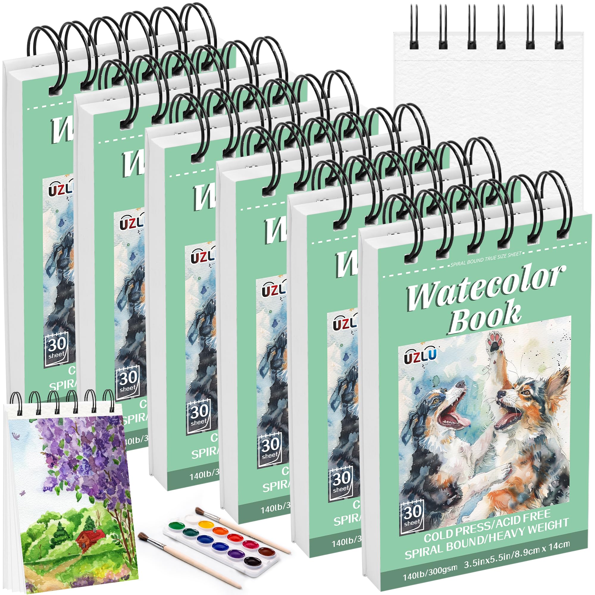 Lot de 6 blocs de papier aquarelle de 8,9 x 14,9 cm, 63,5 kg/300 g/m², presse à froid, sans acide, 180 feuilles de papier aquarelle à spirale pour supports humides et secs, idéal pour adultes
