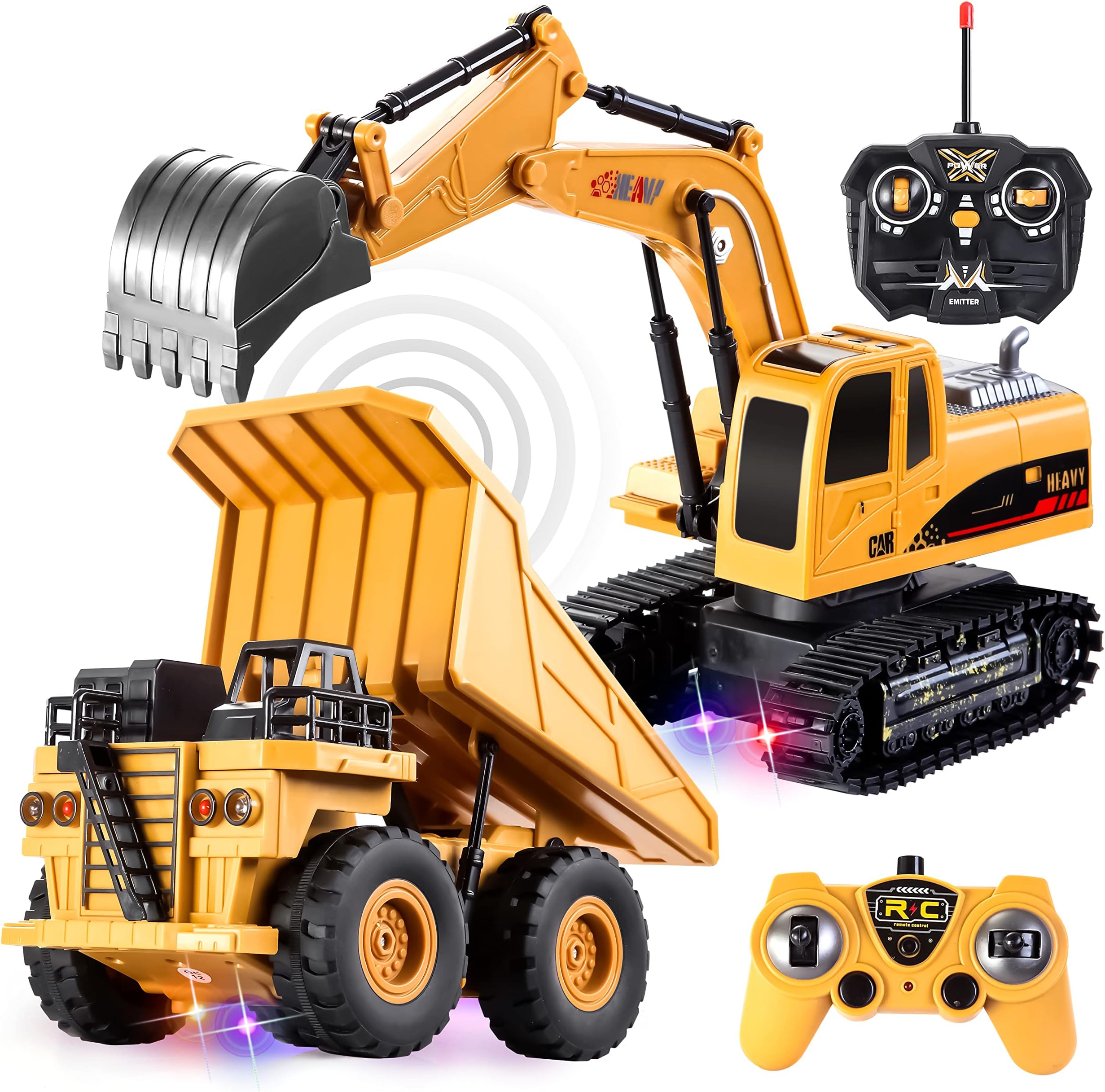 JOYIN 2 PCS Remote Control Construction Vehicle Toy Set, Friction-Powered RC Excavator & RC Dump Truck with Lights and Sounds for Imaginative Play, Birthday Gifts for Toddlers Boys Girls