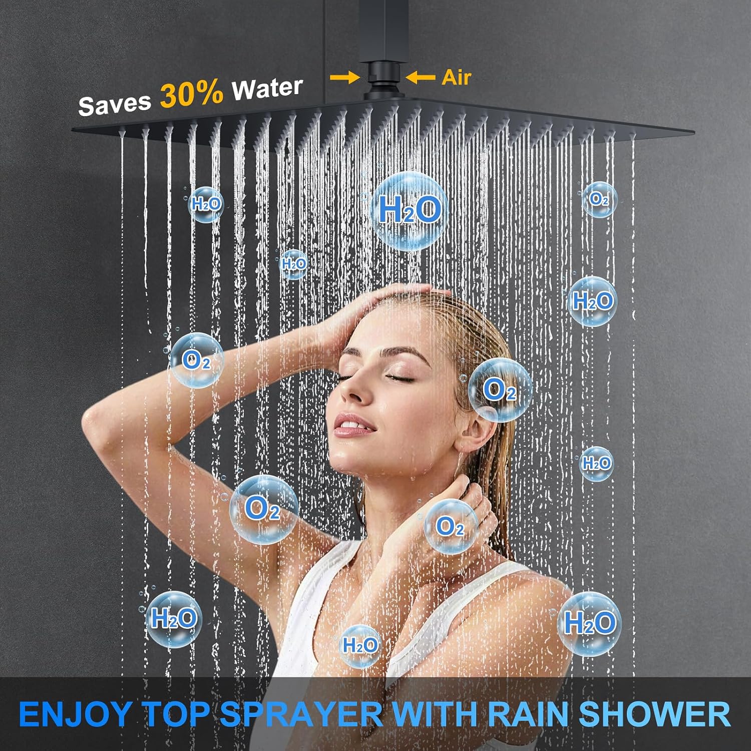 Shower Faucet Set, 12" Ceiling Mount Rainfall Shower System with 2 Rain Shower Head and Multi-function Handheld Head Push Button Diverter Shower Faucet Trim Kit (12", Matte Black) - Image 5