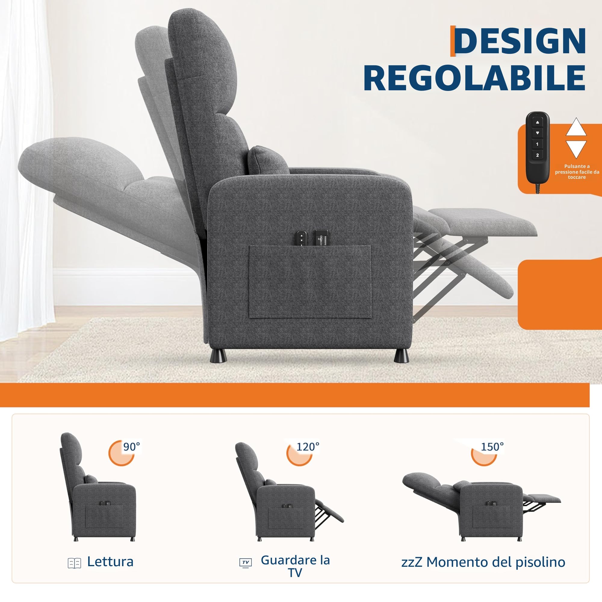 Poltrona Relax Reclinabile elettrica, Poltrona Massaggiante e Riscaldante con Poggiapiedi, Poltroncina Reclinabile con Schienale Imbottitura Spessa in Tessuto per Camera da Letto, Salotto e Soggiorno