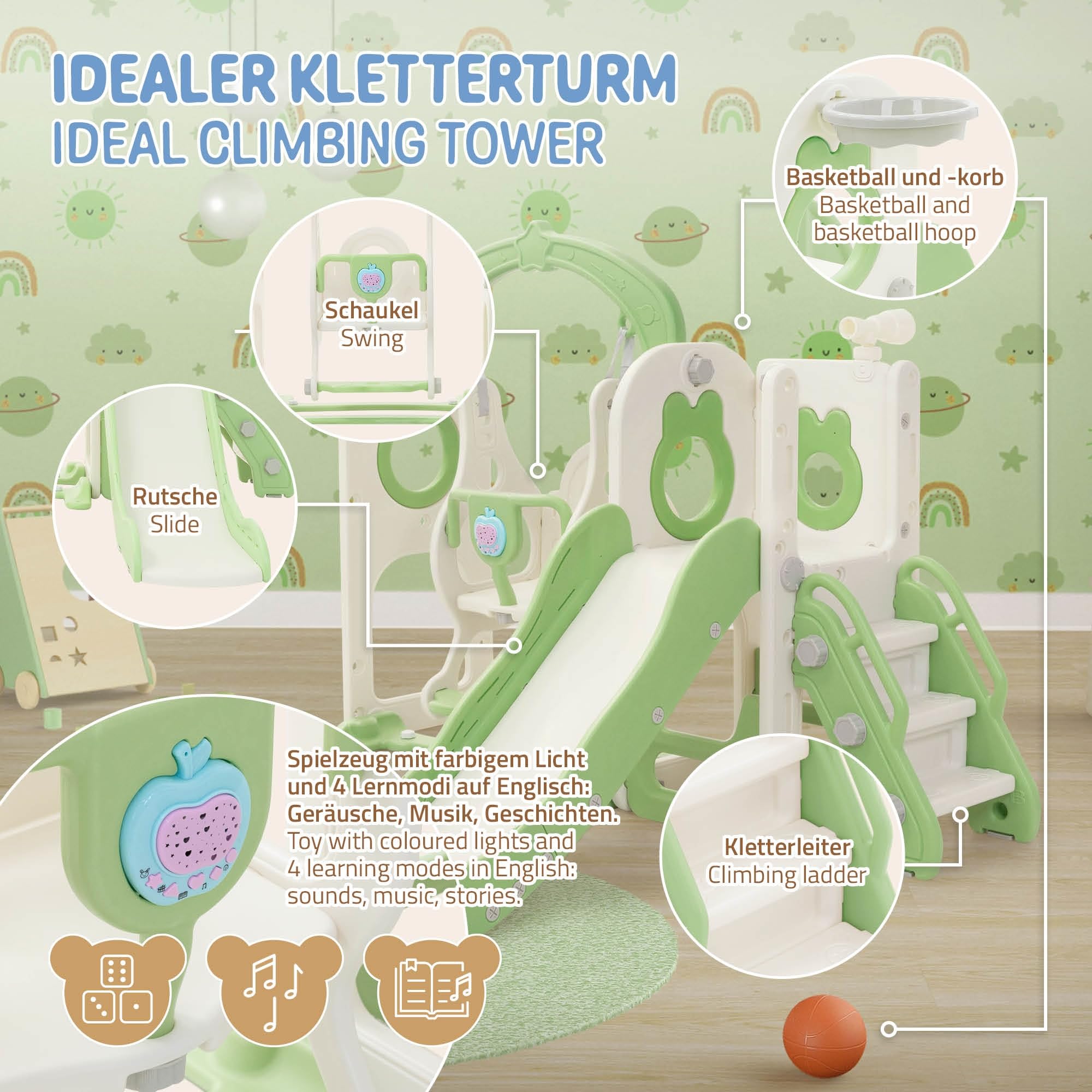 Joyz Toboggan et Balançoire Enfant 5 en 1 avec Escaliers, Télescope, Panier de Basket, Aire de Jeux Intérieure et Extérieure, Jouets Structure pour Tout-Petits, Dès 3 Ans, Plastique HDPE Vert Clair