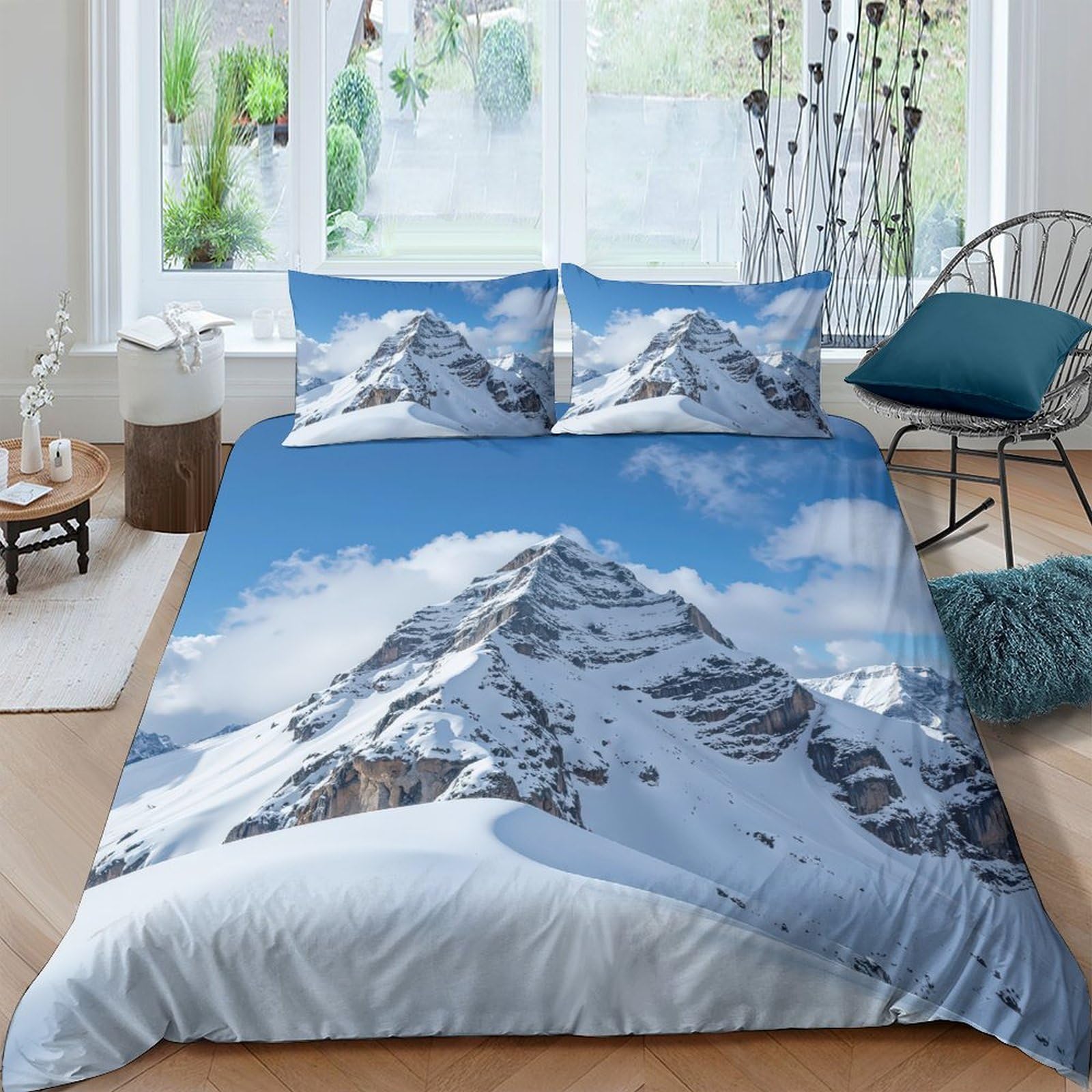GPLZQXKJNH 3D Printed Snow Mountain Duvet Cover Set Microfiber Soft Breathable Alpine Peak Bedding with 2 Pillowcases for Bedroom Decor Single（135x200cm）
