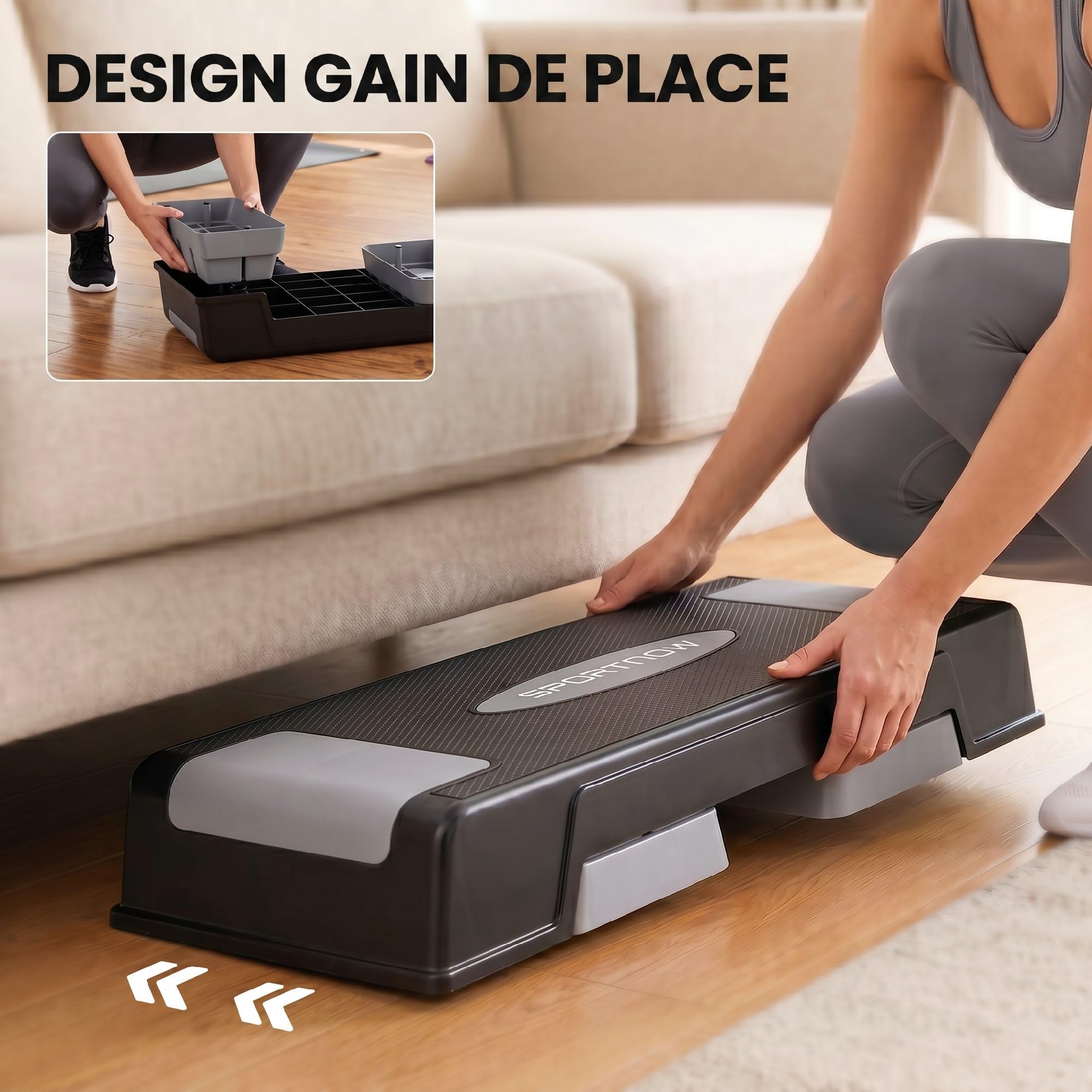 SPORTNOW Stepper Fitness Aérobic 3 Niveaux, Hauteur Réglable 12/17,5/22,5 cm, Surface Antidérapante, Charge 250 kg, Stepper Aérobic pour Maison et Salle de Sport, Gris