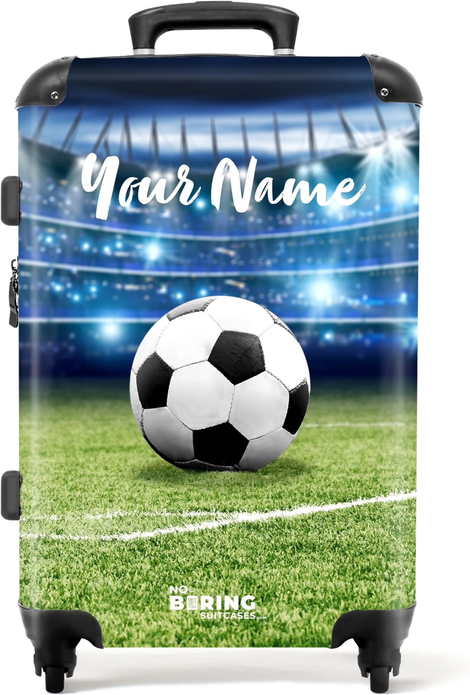 Children's Luggage Kids Suitcase for Boys - Personalised Large Hard Shell Luggage on Wheels - Black-White Fotball in Stadium - 26-28 inch - 23kg