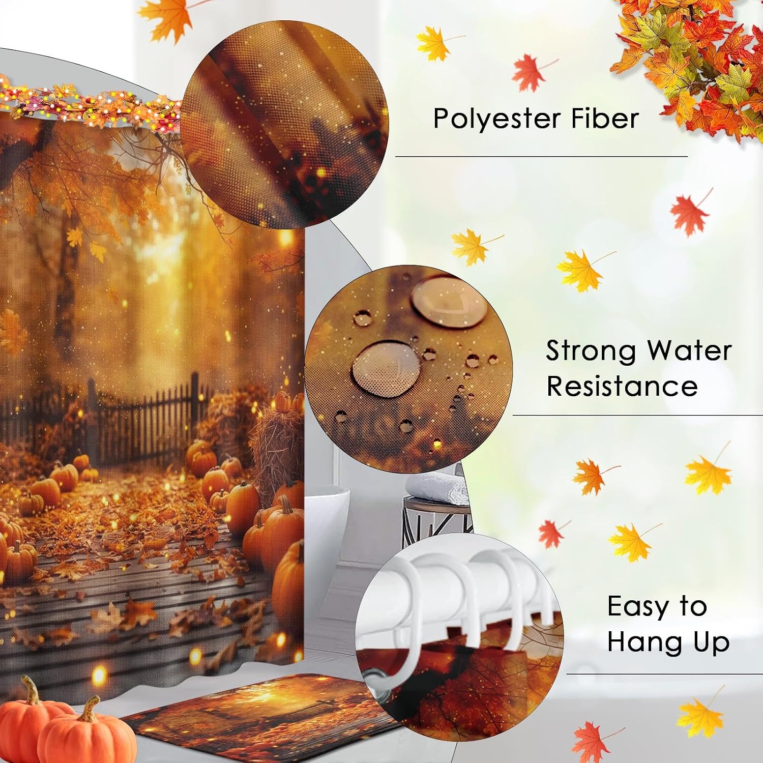 ArtSocket Fall Bathroom Sets with Shower Curtain and Rugs, Maple