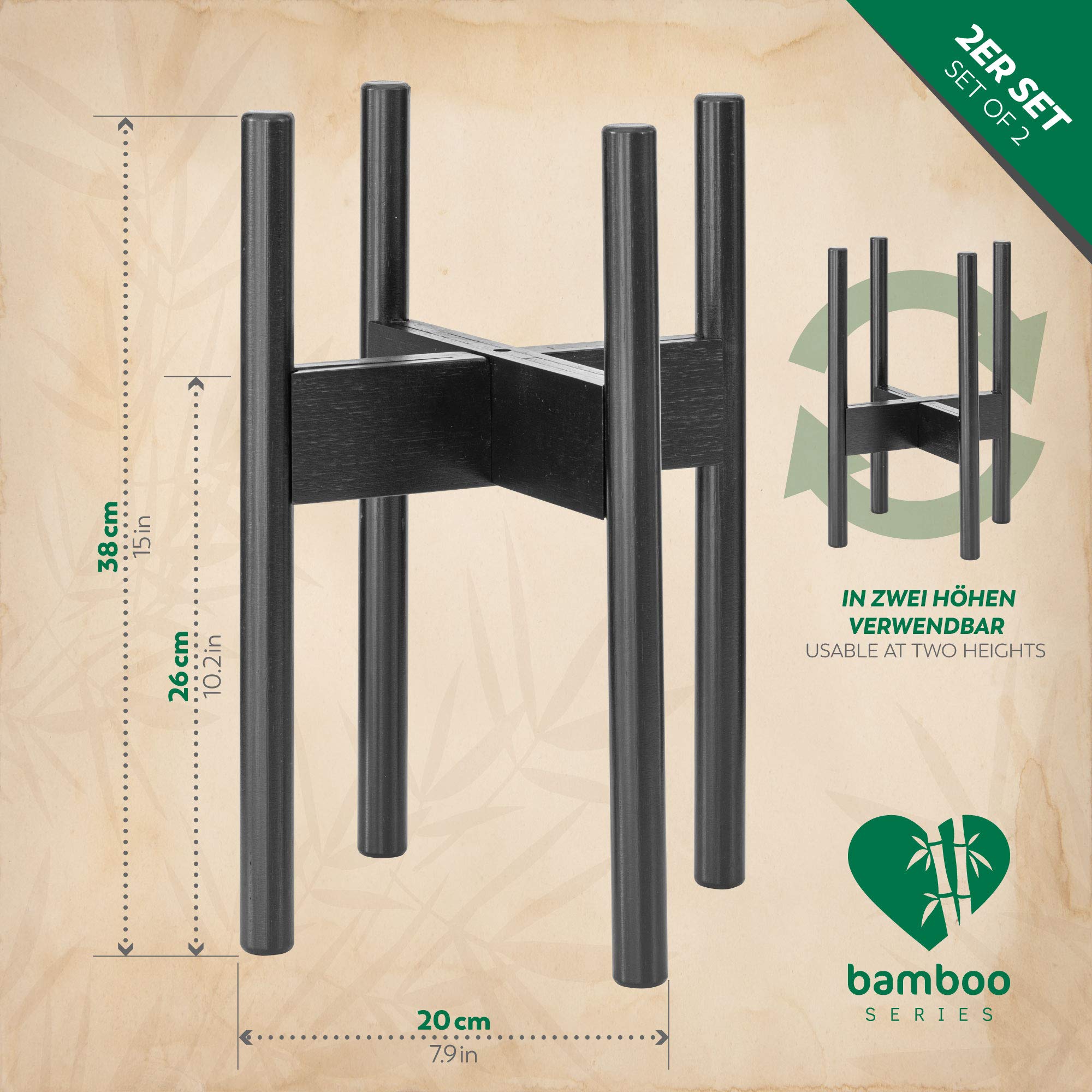 Rubberneck Set di 2 Supporti in bambù per Piante - Portavasi Regolabili - per Esterni e Interni - Nero | 2 livelli d'altezza a rotazione, per vasi interni ed esterni, privo di BPA, biodegradabile, sostenibile, coppia per salotto